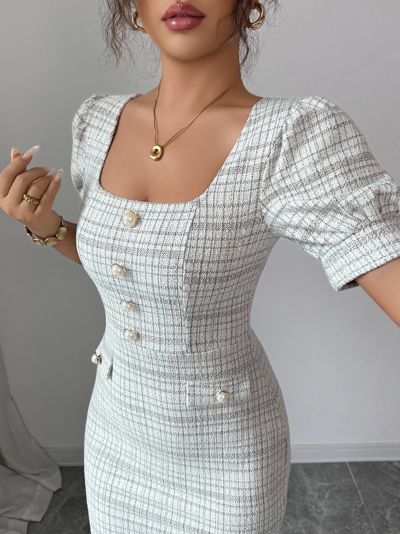 Multi-Color Plaid Bodycon Midi Dress with Square Neck and Puff Sleeves