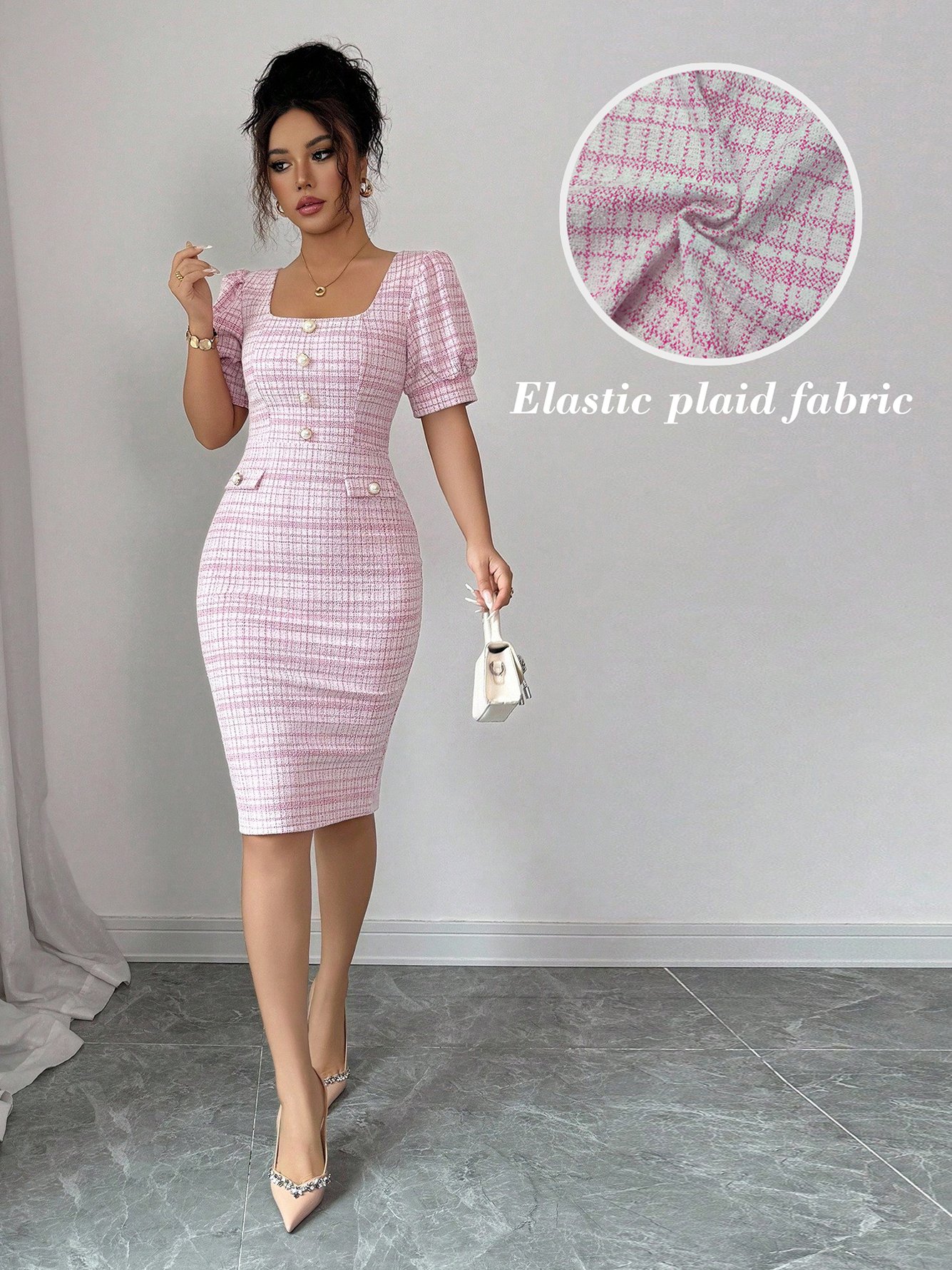 Pink Checked Puff Sleeve Bodycon Midi Dress