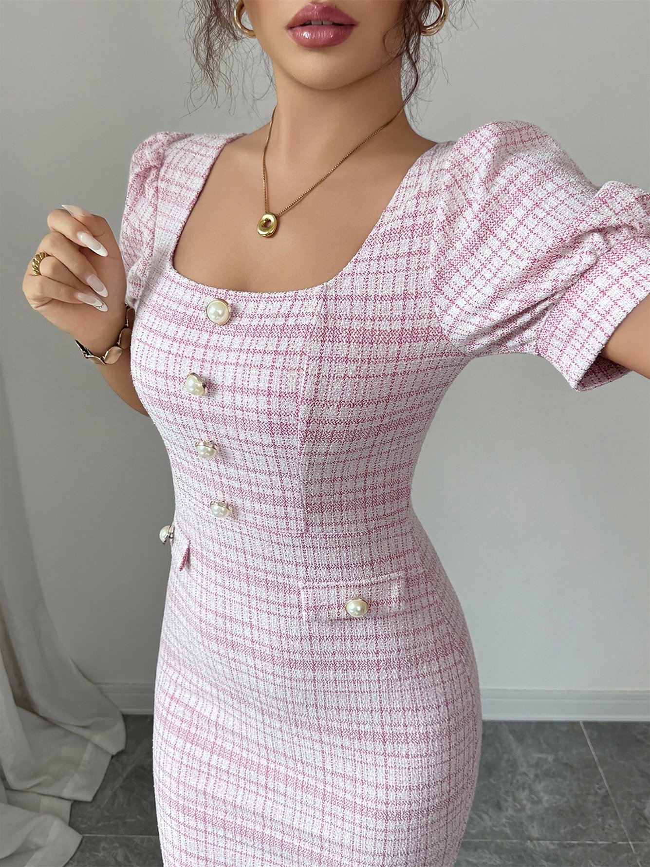 Pink Checked Puff Sleeve Bodycon Midi Dress
