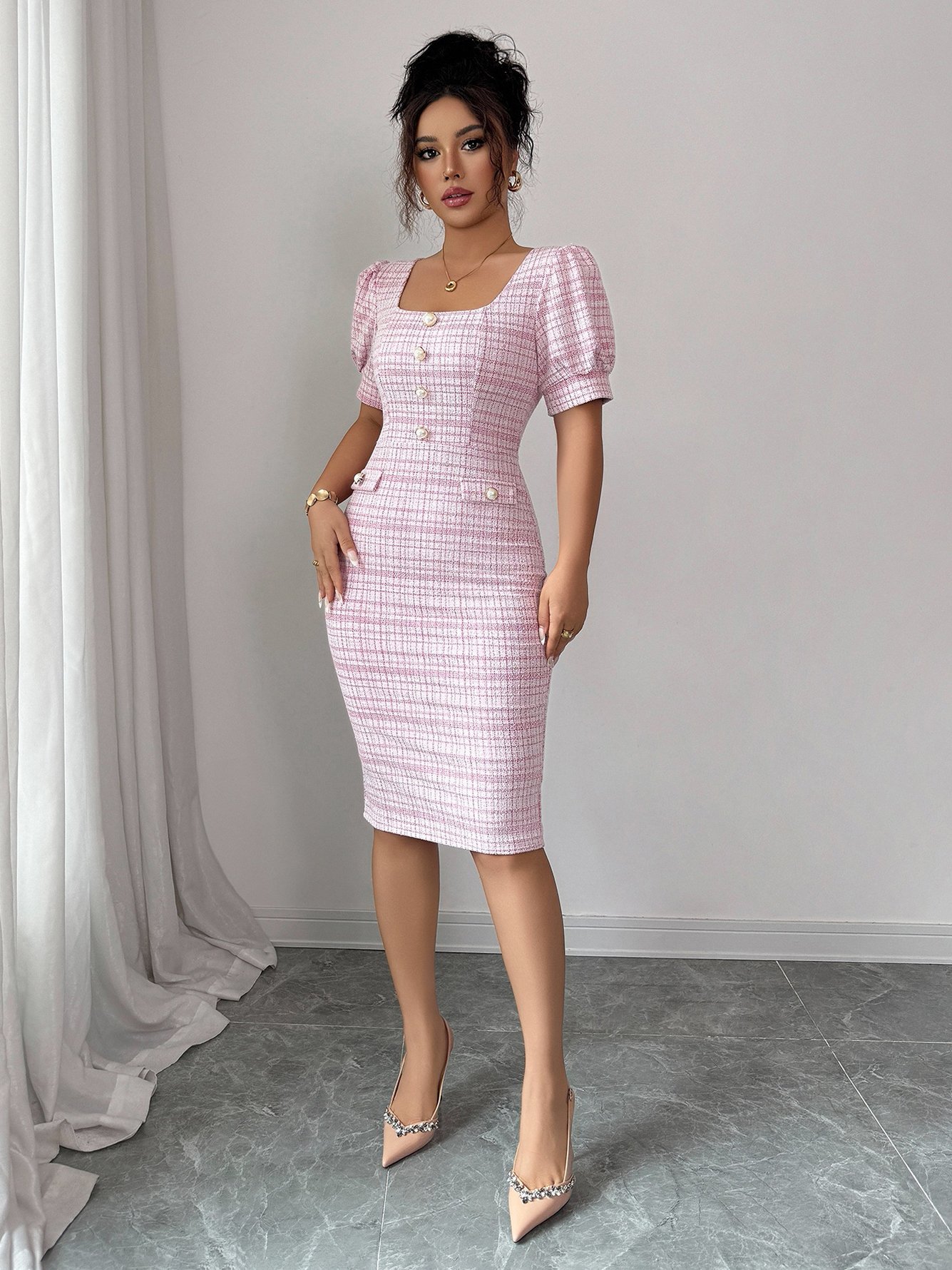 Pink Checked Puff Sleeve Bodycon Midi Dress