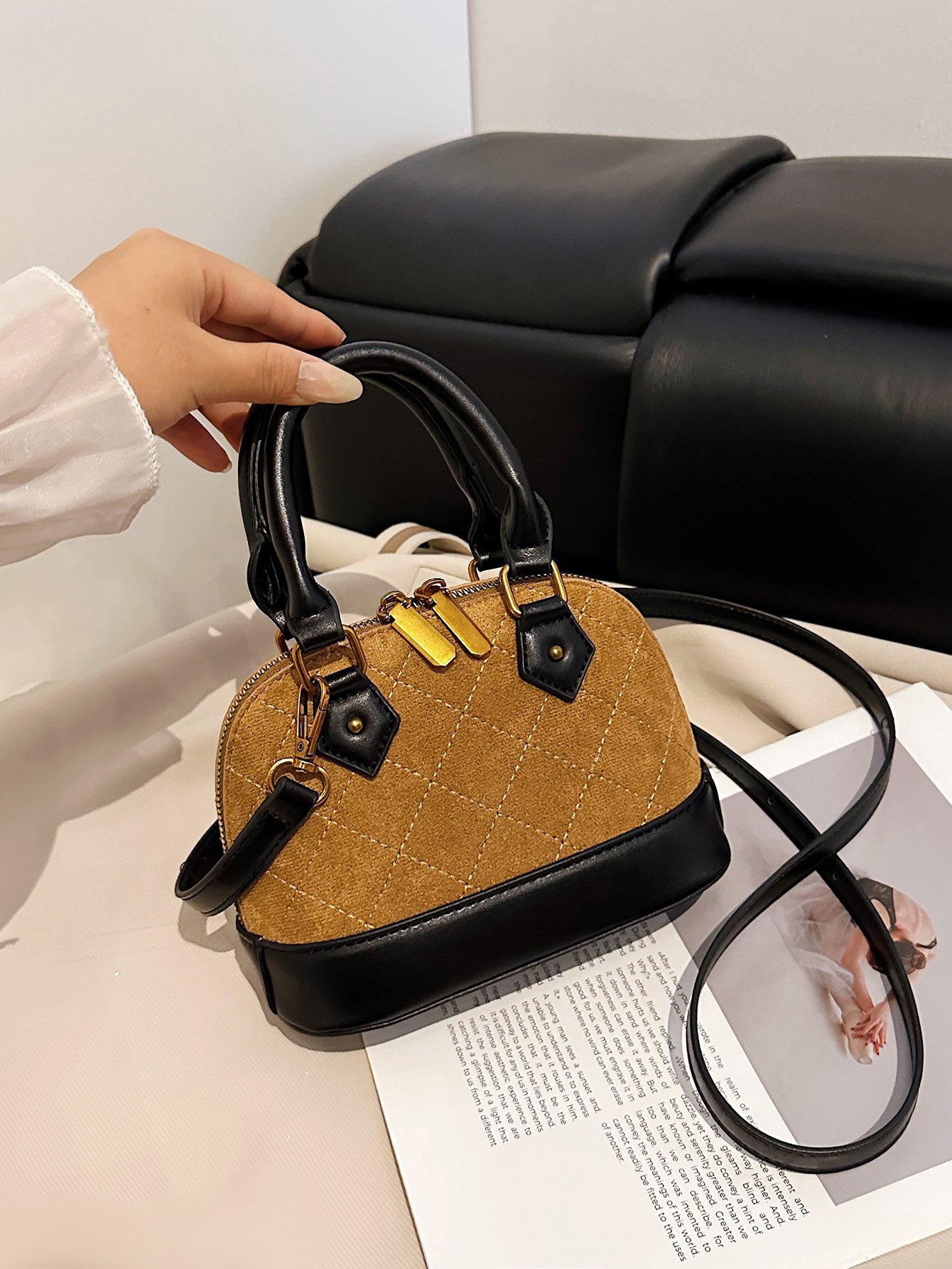 Brown Quilted Crossbody Bag with Top Handle