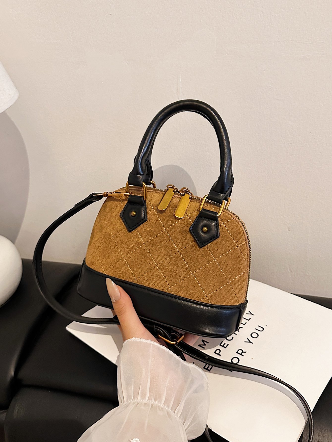 Brown Quilted Crossbody Bag with Top Handle
