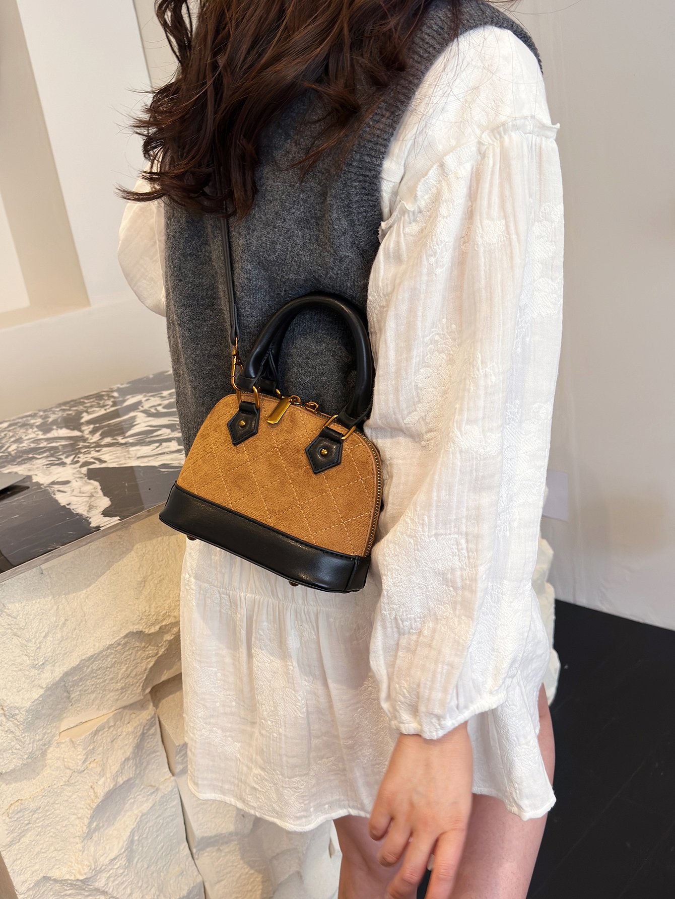 Brown Quilted Crossbody Bag with Top Handle