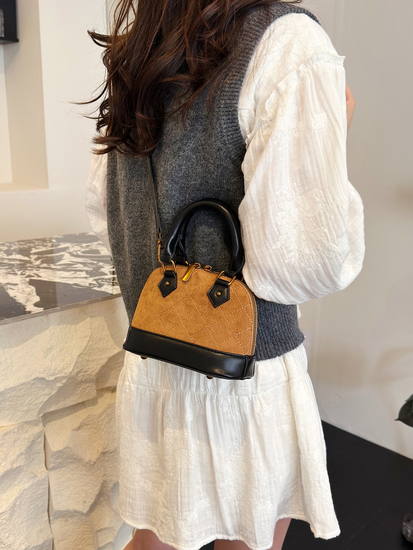 Brown Quilted Crossbody Bag with Top Handle