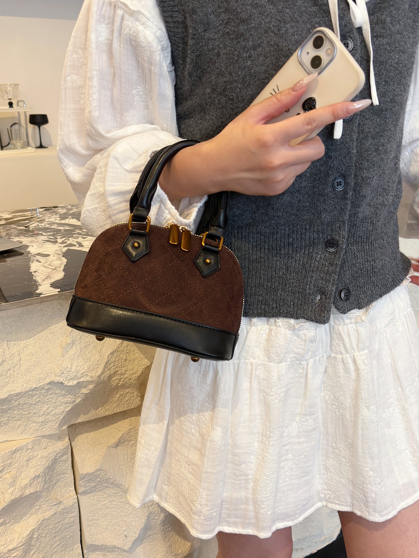 Coffee Brown Quilted Crossbody Bag