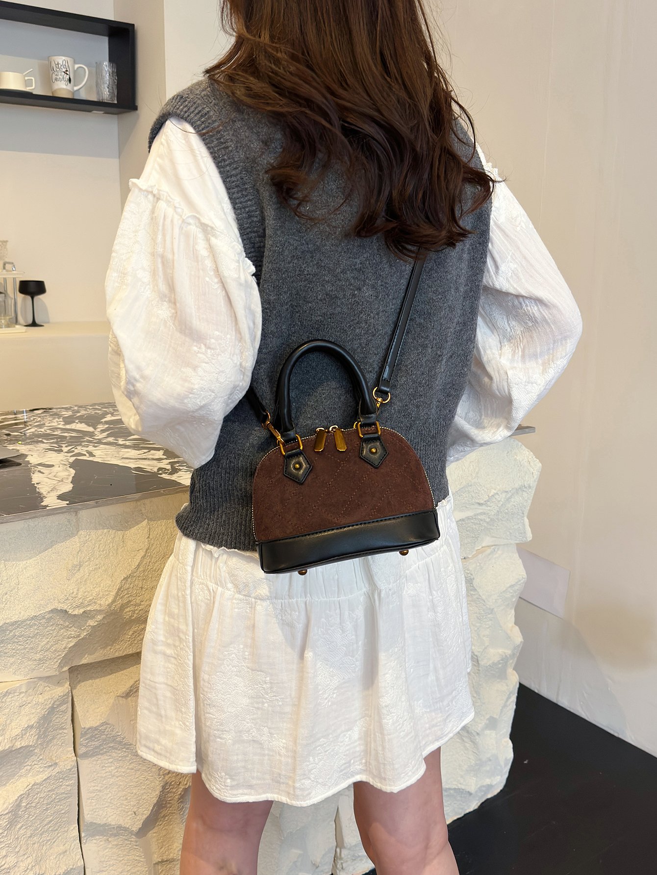 Coffee Brown Quilted Crossbody Bag