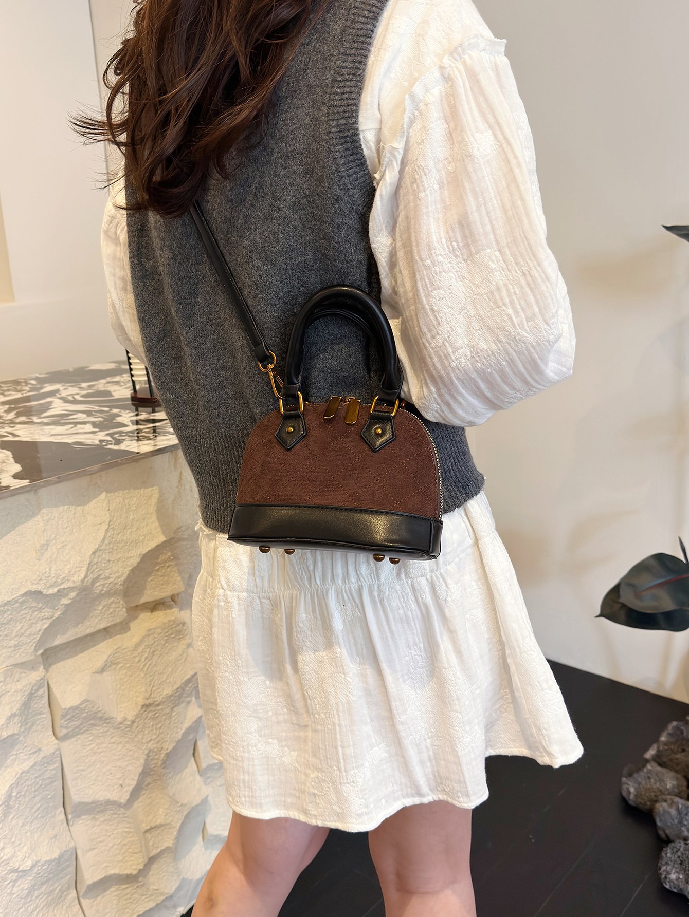 Coffee Brown Quilted Crossbody Bag