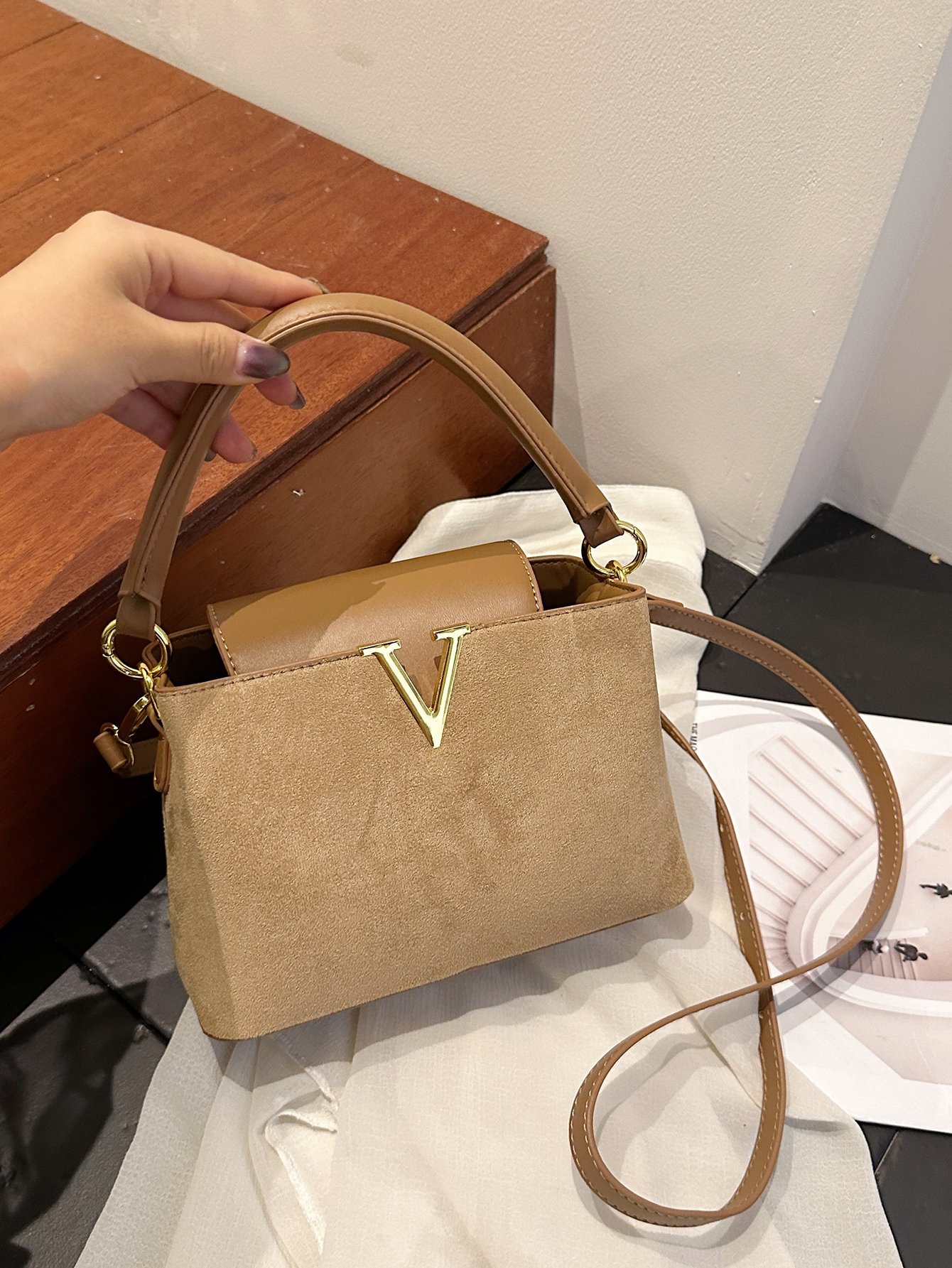 Tan Suede Look Crossbody Bag with Gold V Accent