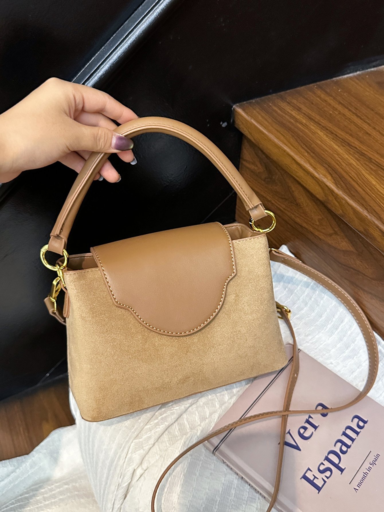 Tan Suede Look Crossbody Bag with Gold V Accent