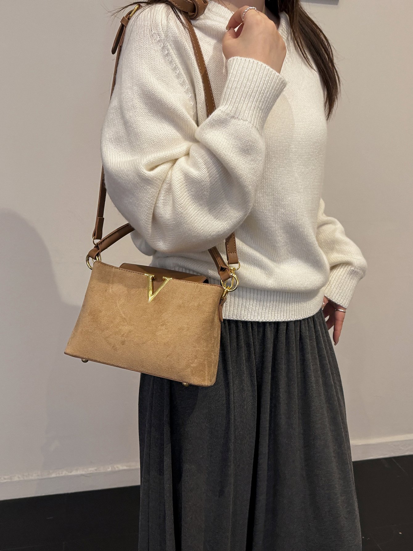 Tan Suede Look Crossbody Bag with Gold V Accent