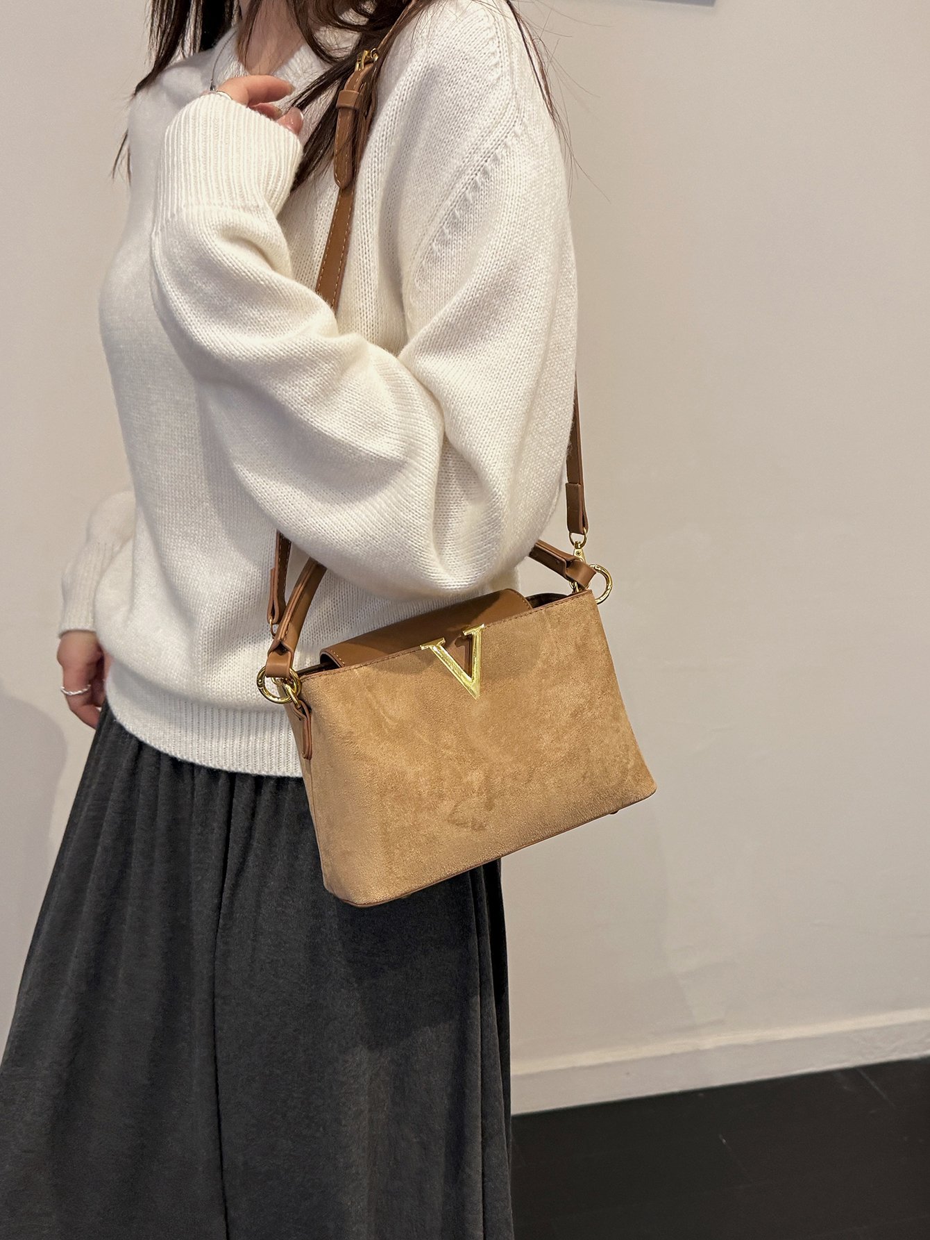 Tan Suede Look Crossbody Bag with Gold V Accent