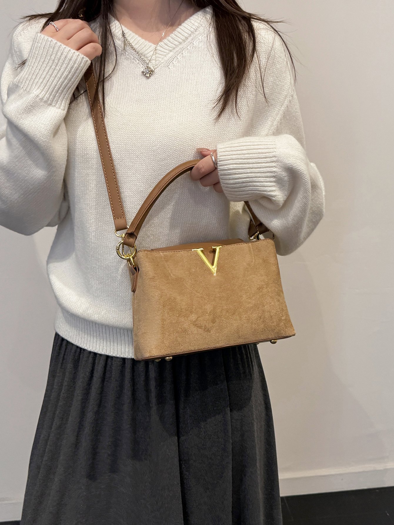 Tan Suede Look Crossbody Bag with Gold V Accent