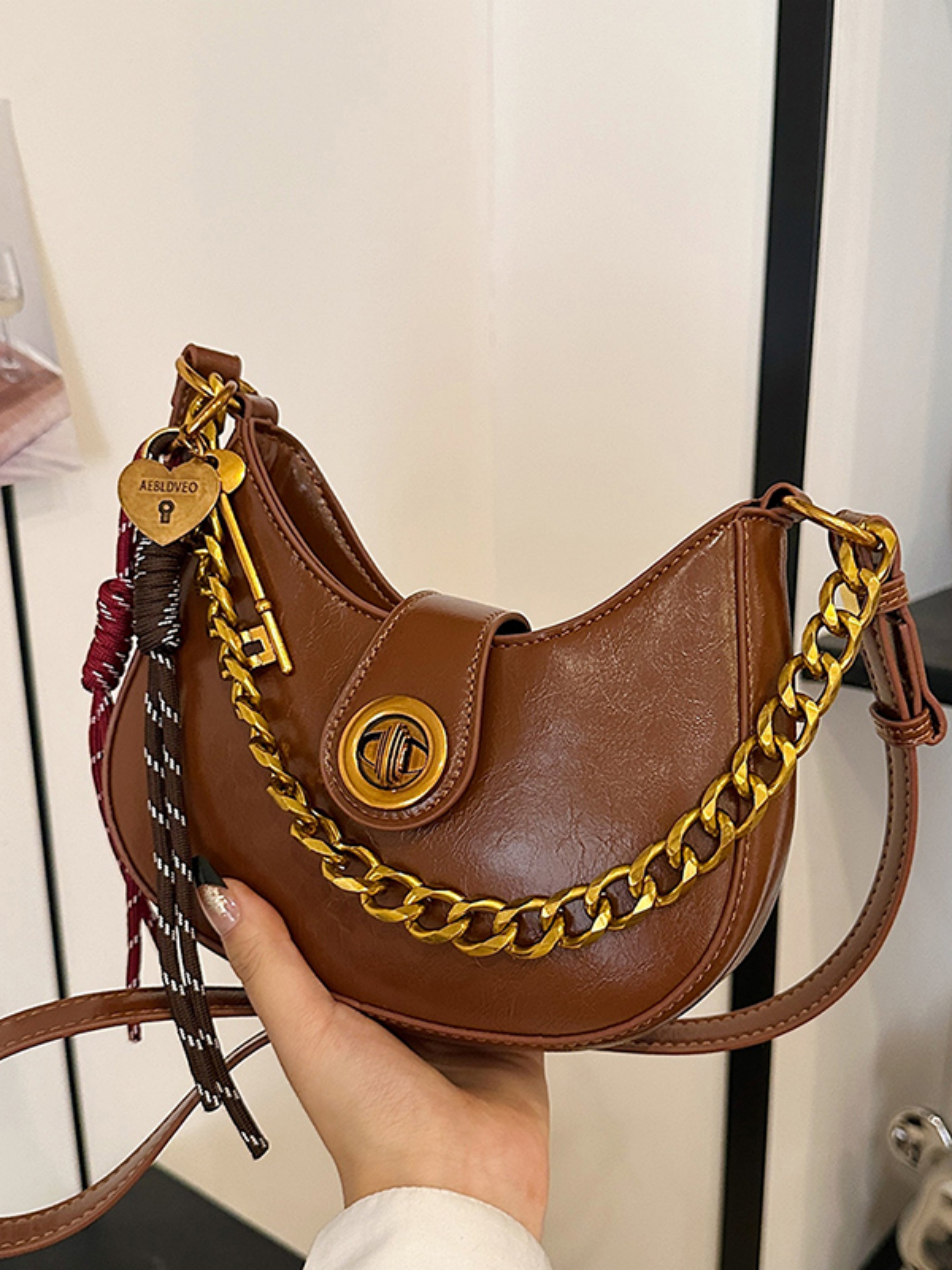 Coffee Brown Crescent Shoulder Bag with Chain and Pendant