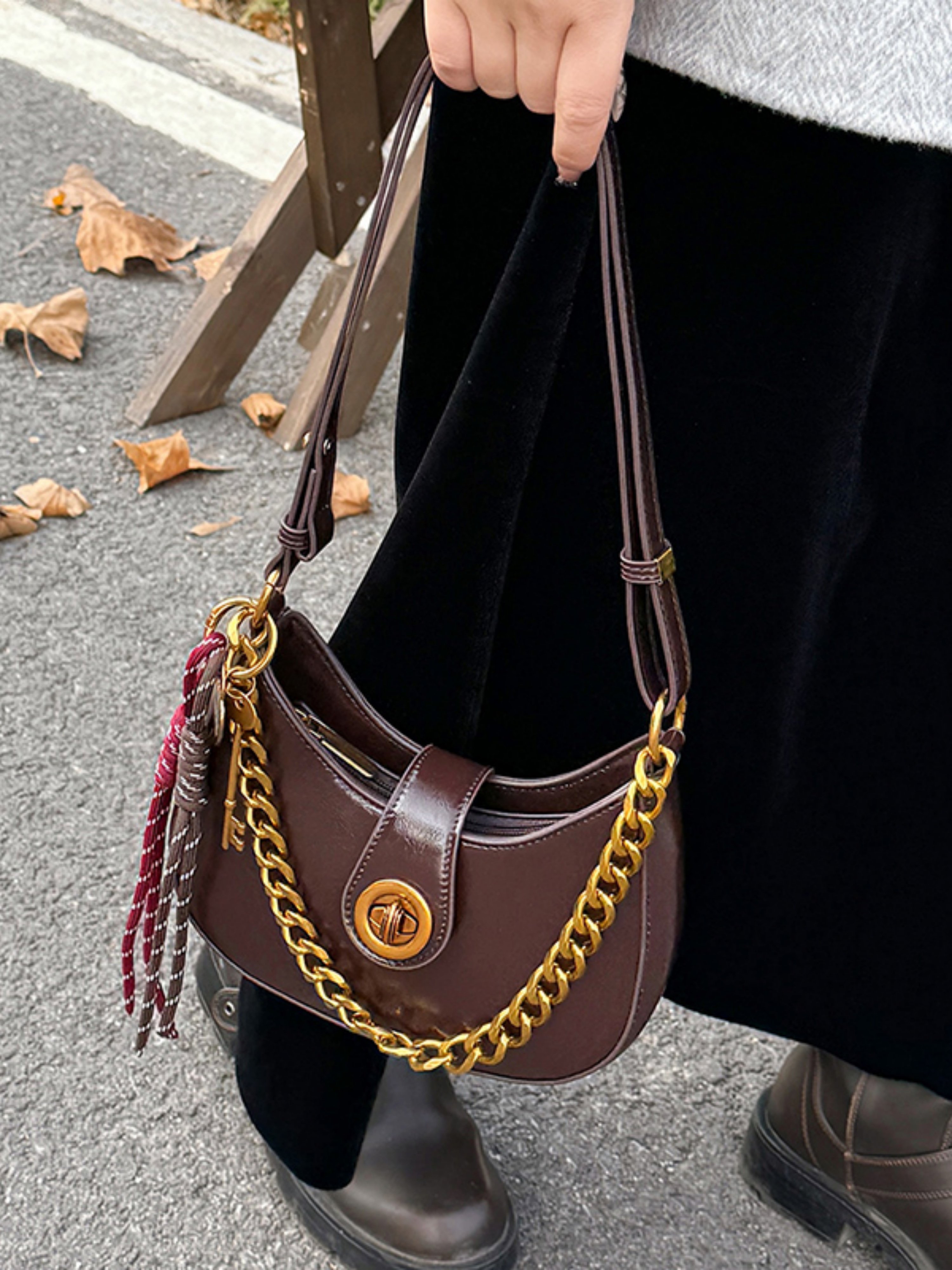 Coffee Brown Crescent Shoulder Bag with Chain and Pendant