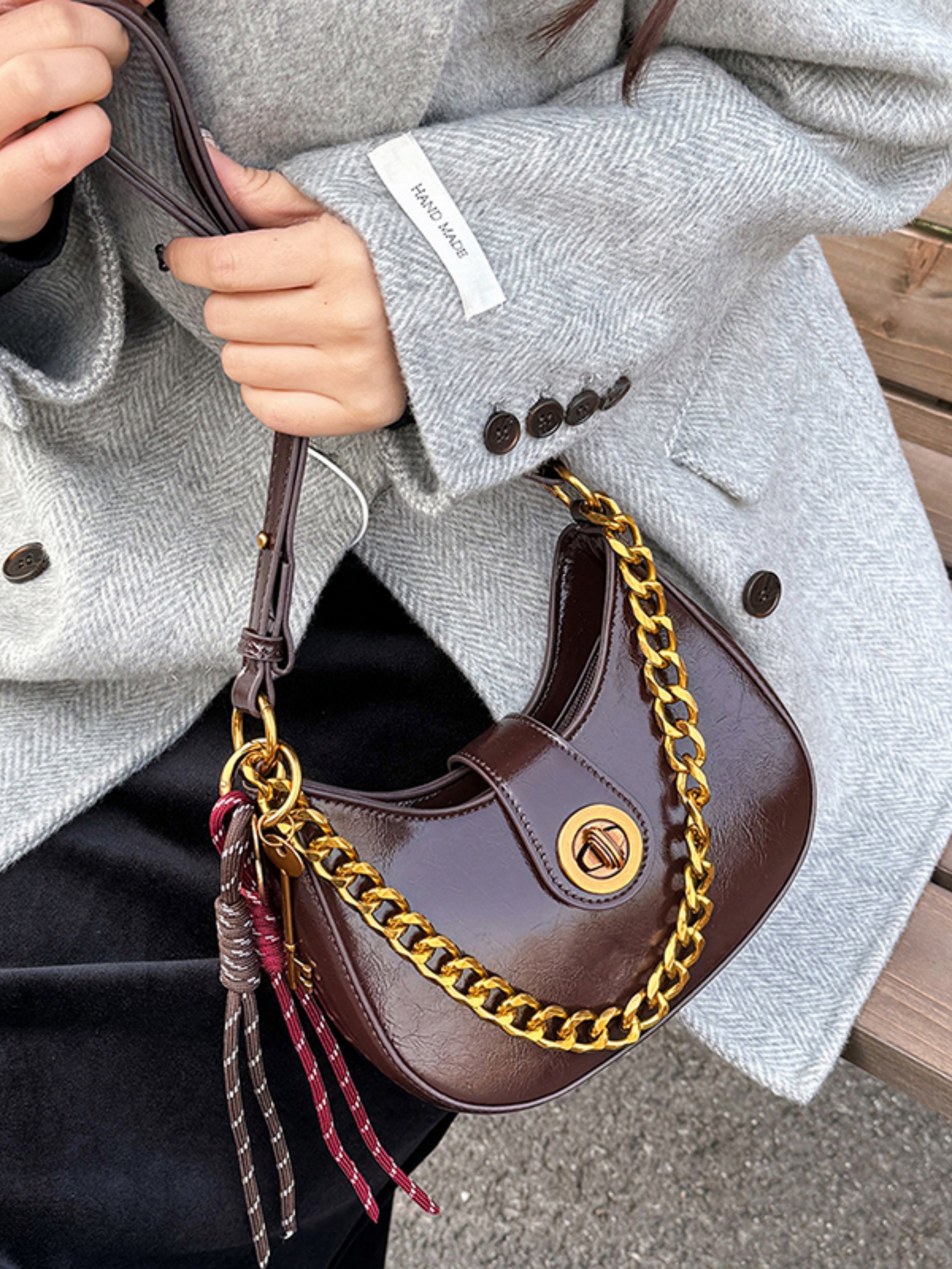 Coffee Brown Crescent Shoulder Bag with Chain and Pendant