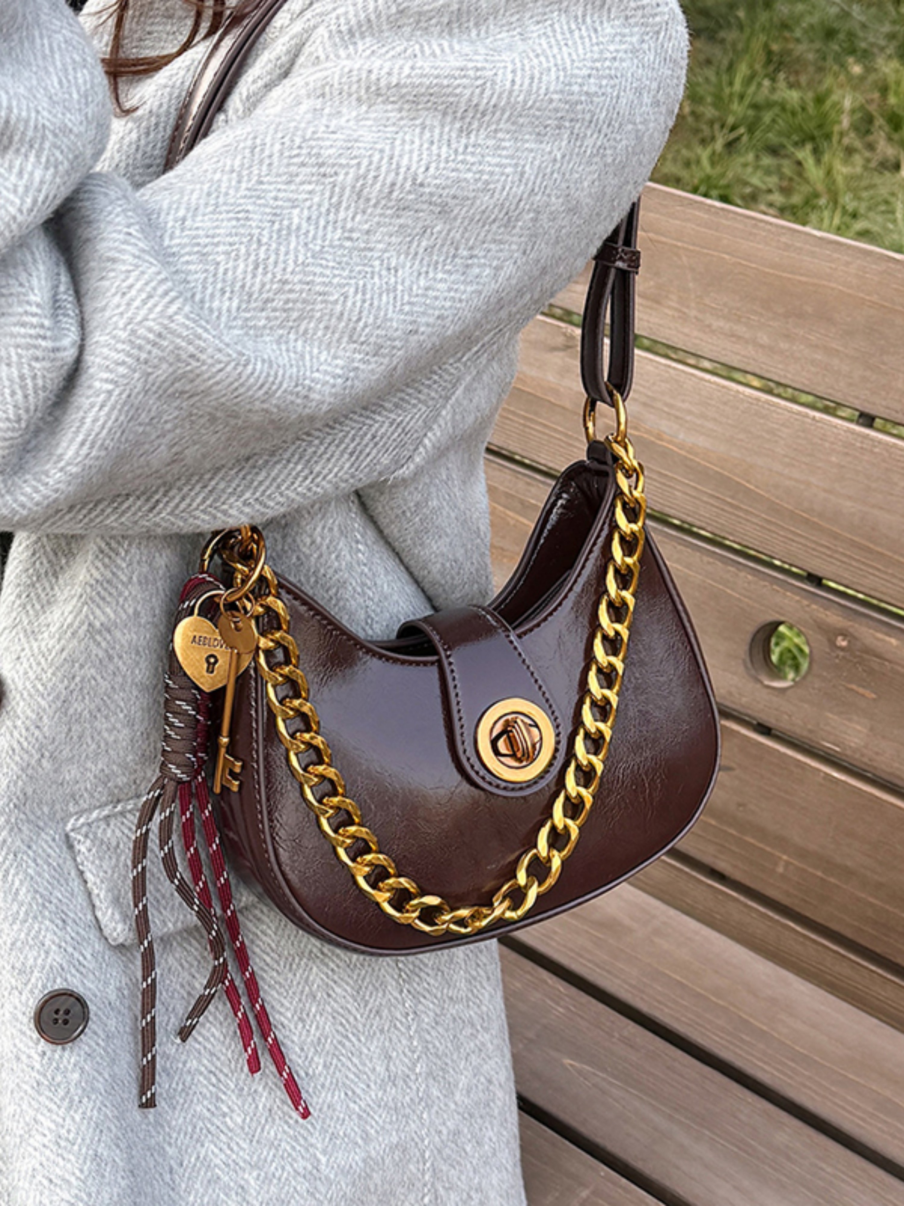 Coffee Brown Crescent Shoulder Bag with Chain and Pendant