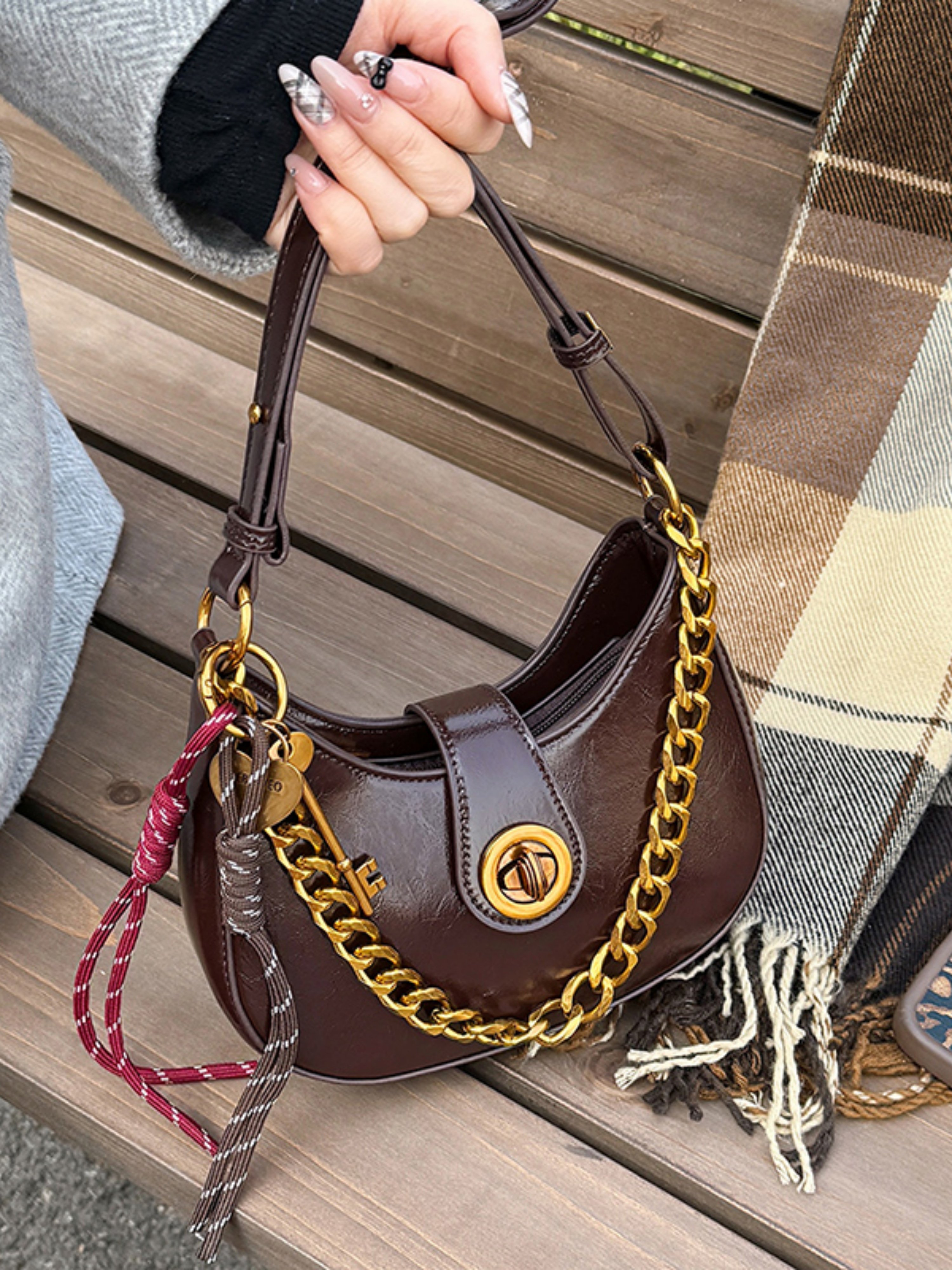 Coffee Brown Crescent Shoulder Bag with Chain and Pendant