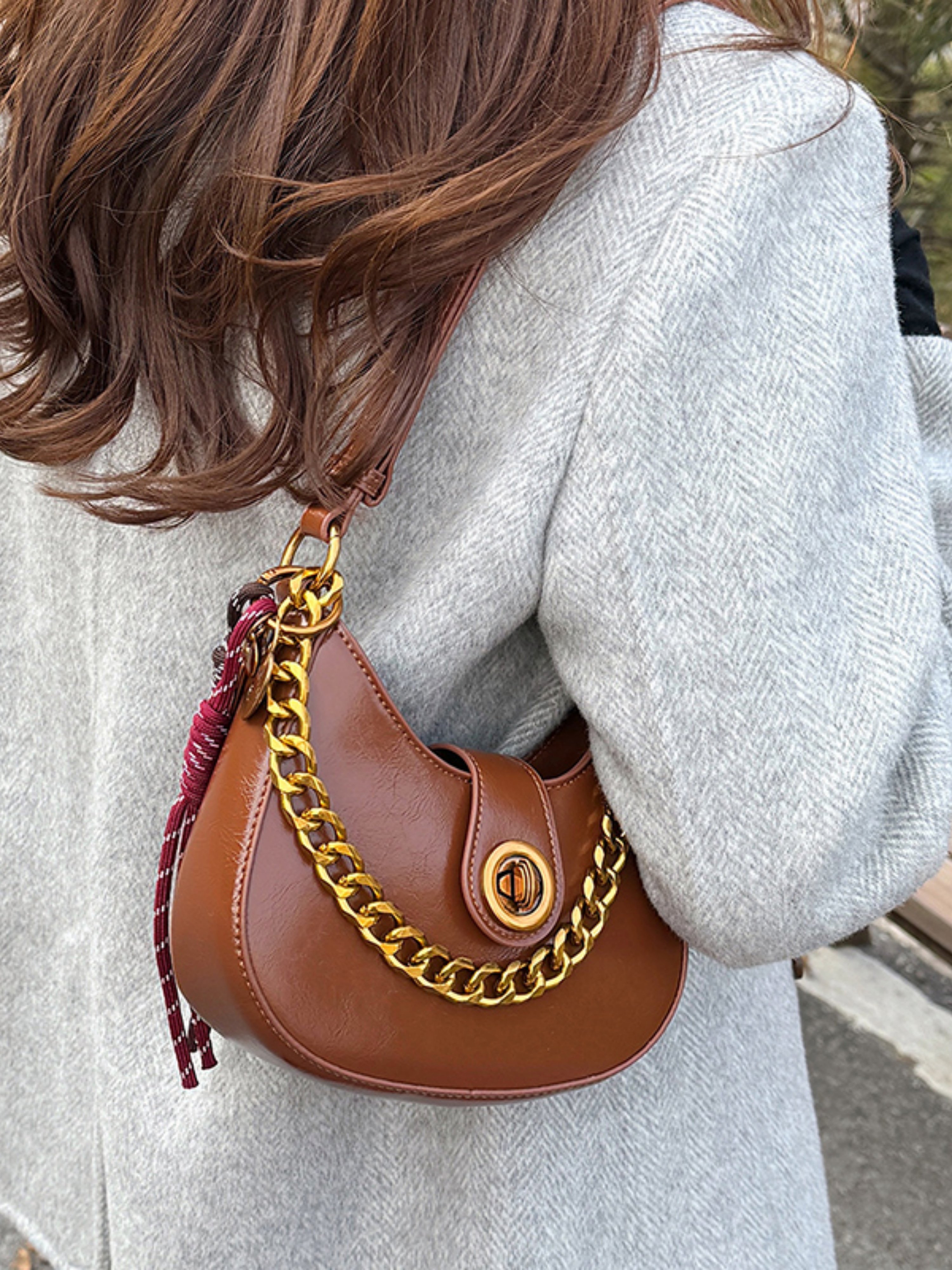 Brown Crescent Handbag with Gold Chain Detail