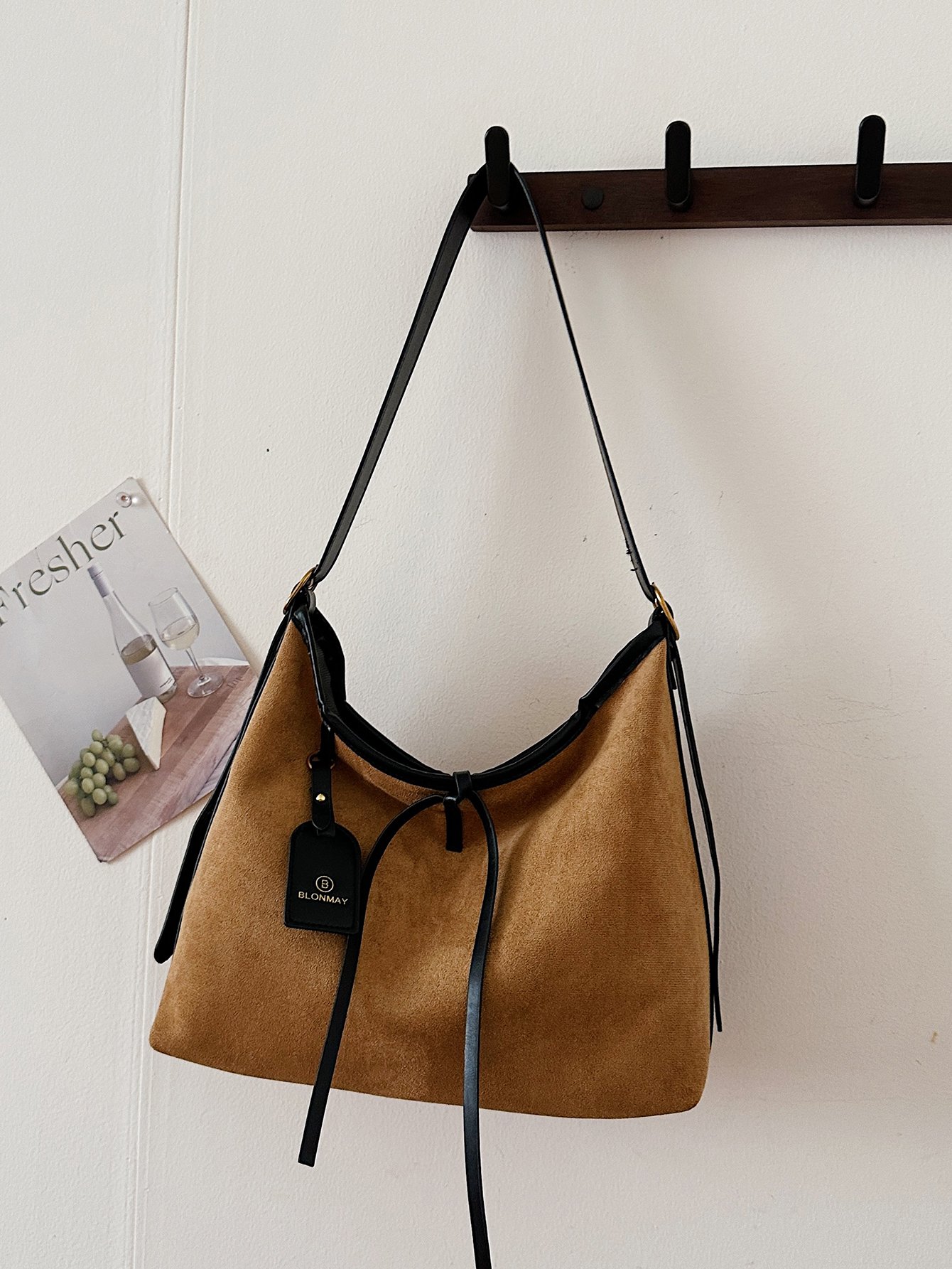 Brown Suede Look Effect Shoulder Bag with Pendant