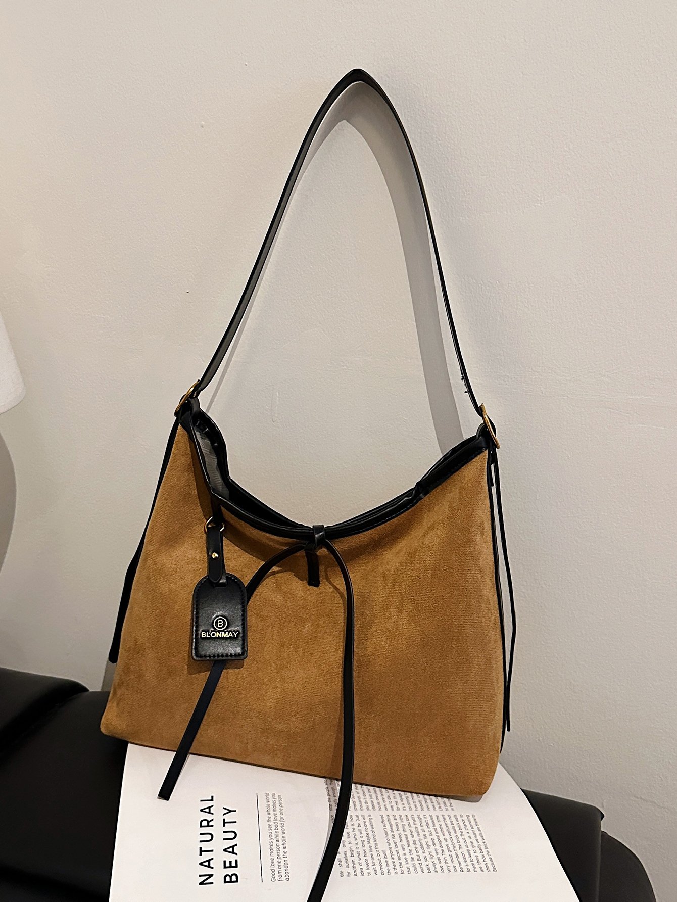 Brown Suede Look Effect Shoulder Bag with Pendant