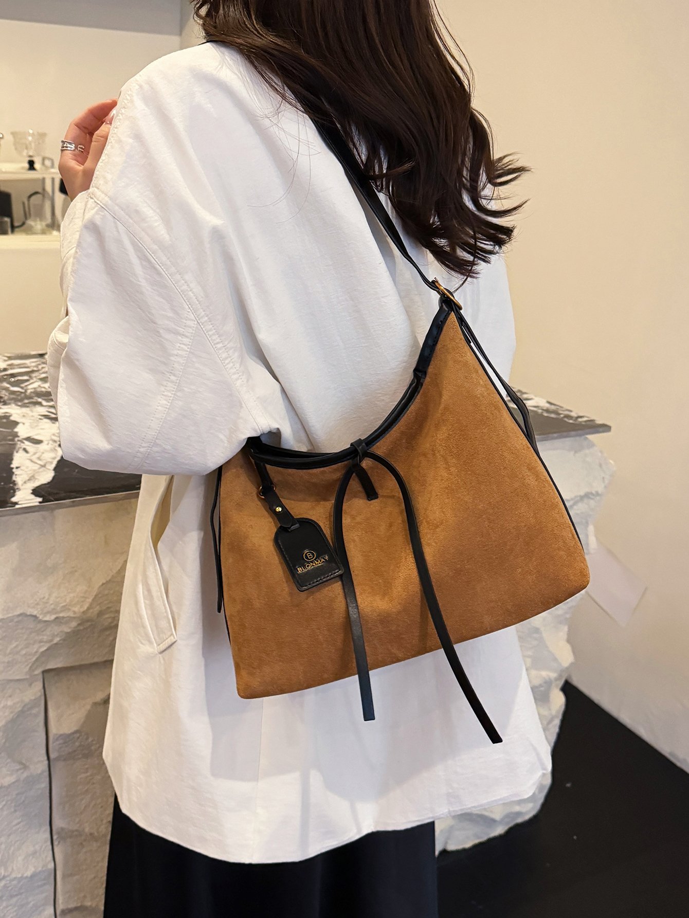 Brown Suede Look Effect Shoulder Bag with Pendant