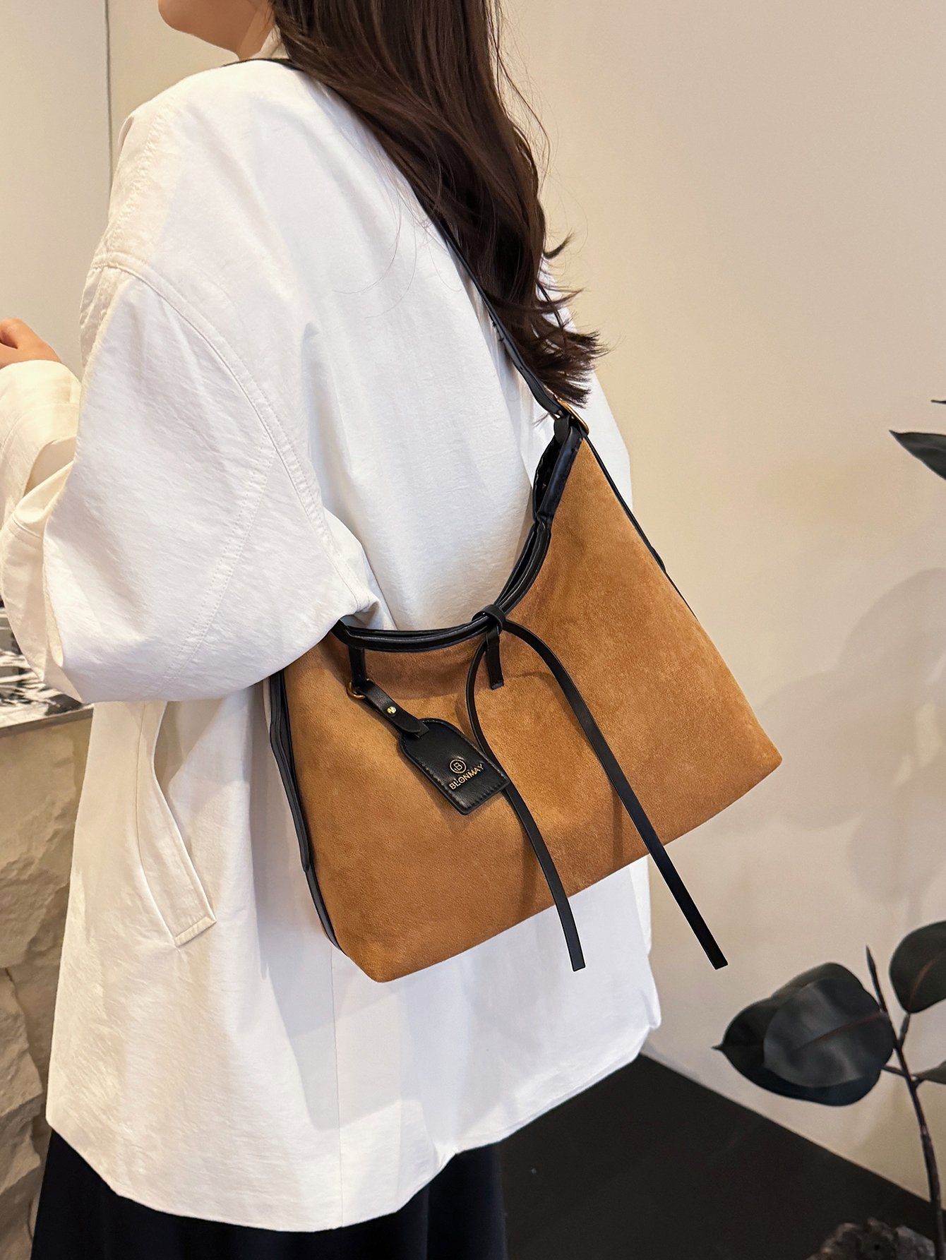 Brown Suede Look Effect Shoulder Bag with Pendant