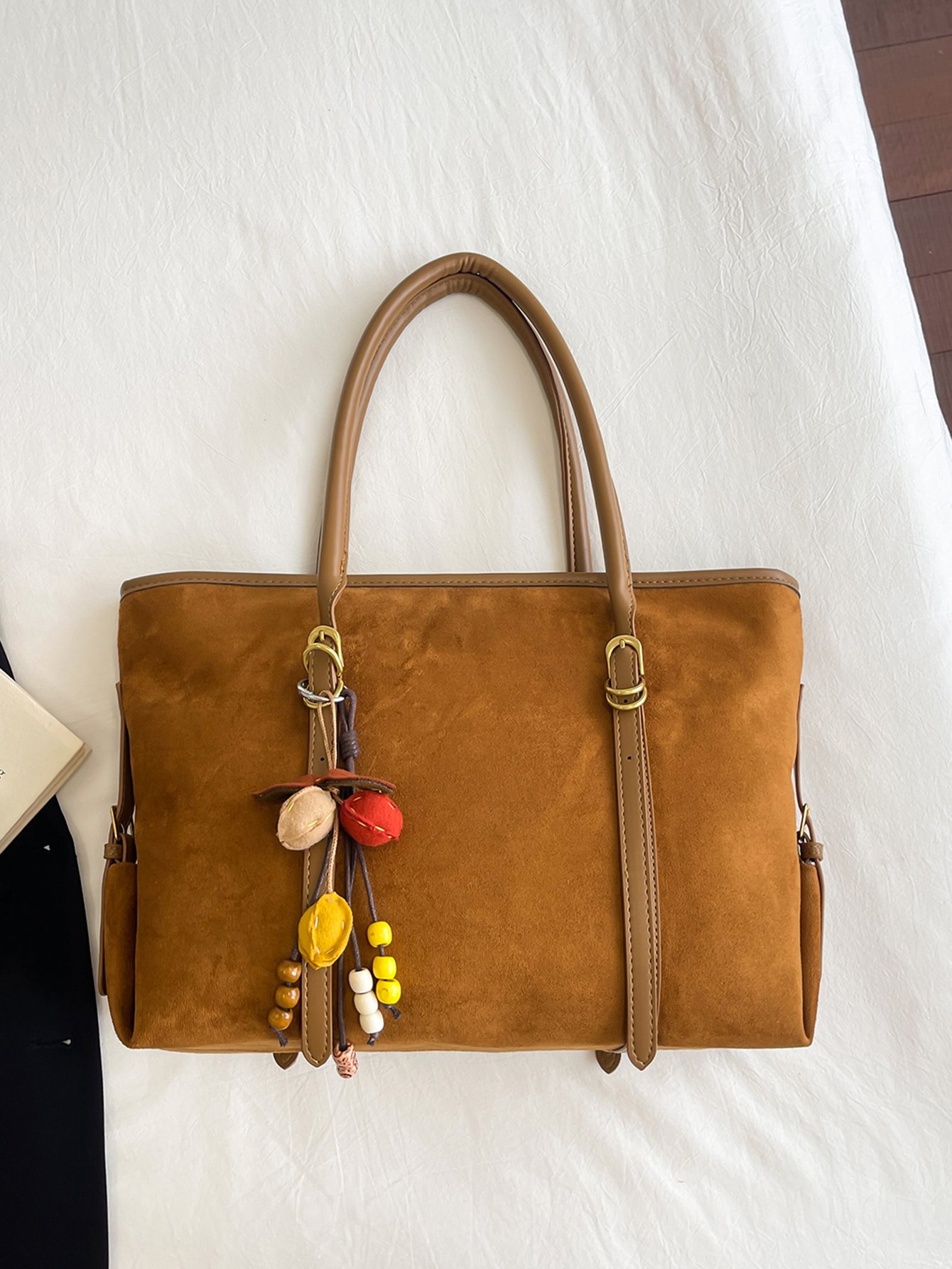 Brown Suede Look Shoulder Bag with Charm