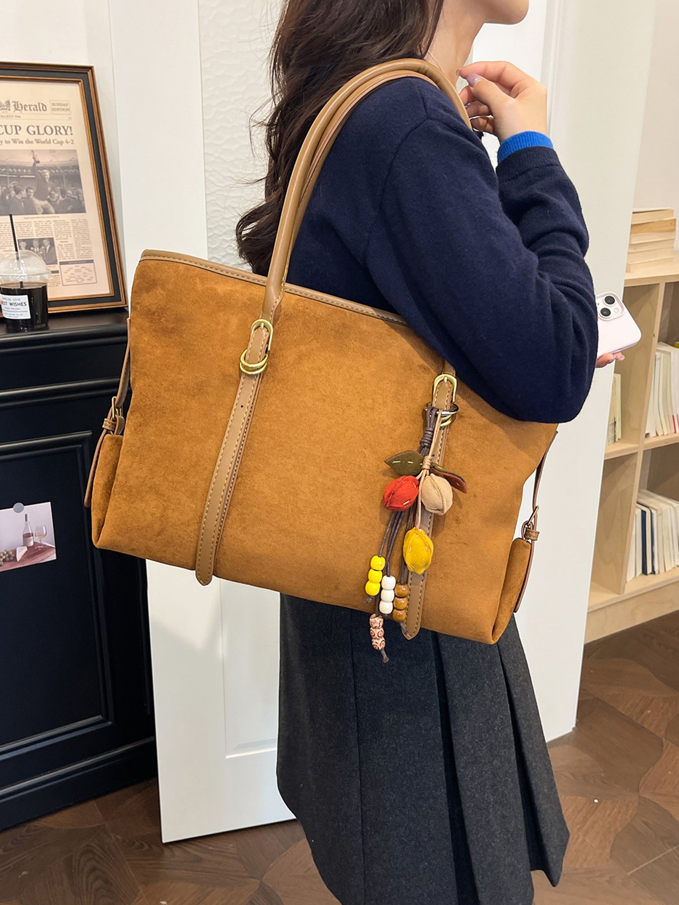 Brown Suede Look Shoulder Bag with Charm