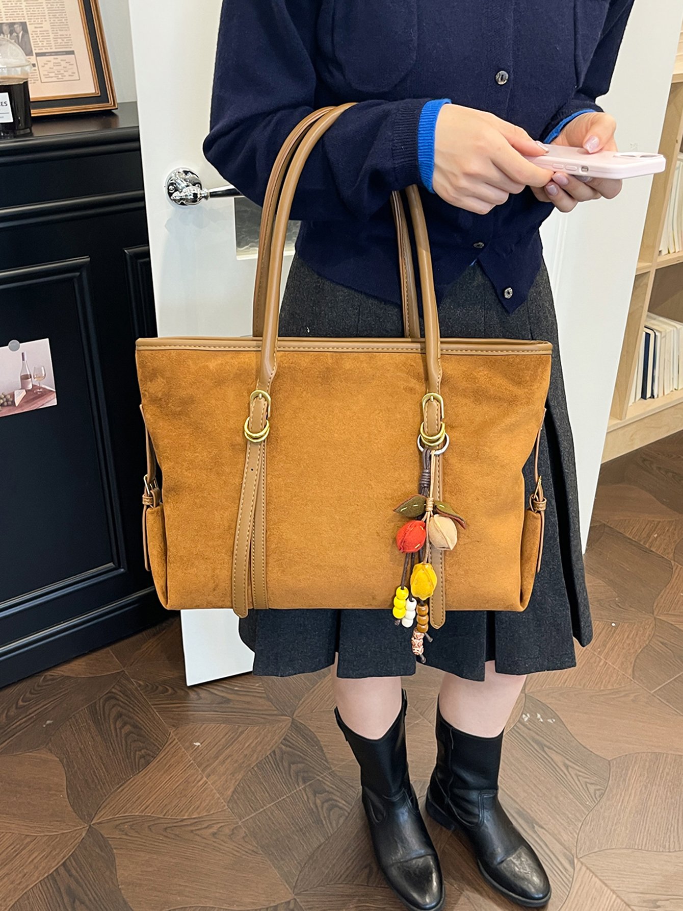 Brown Suede Look Shoulder Bag with Charm