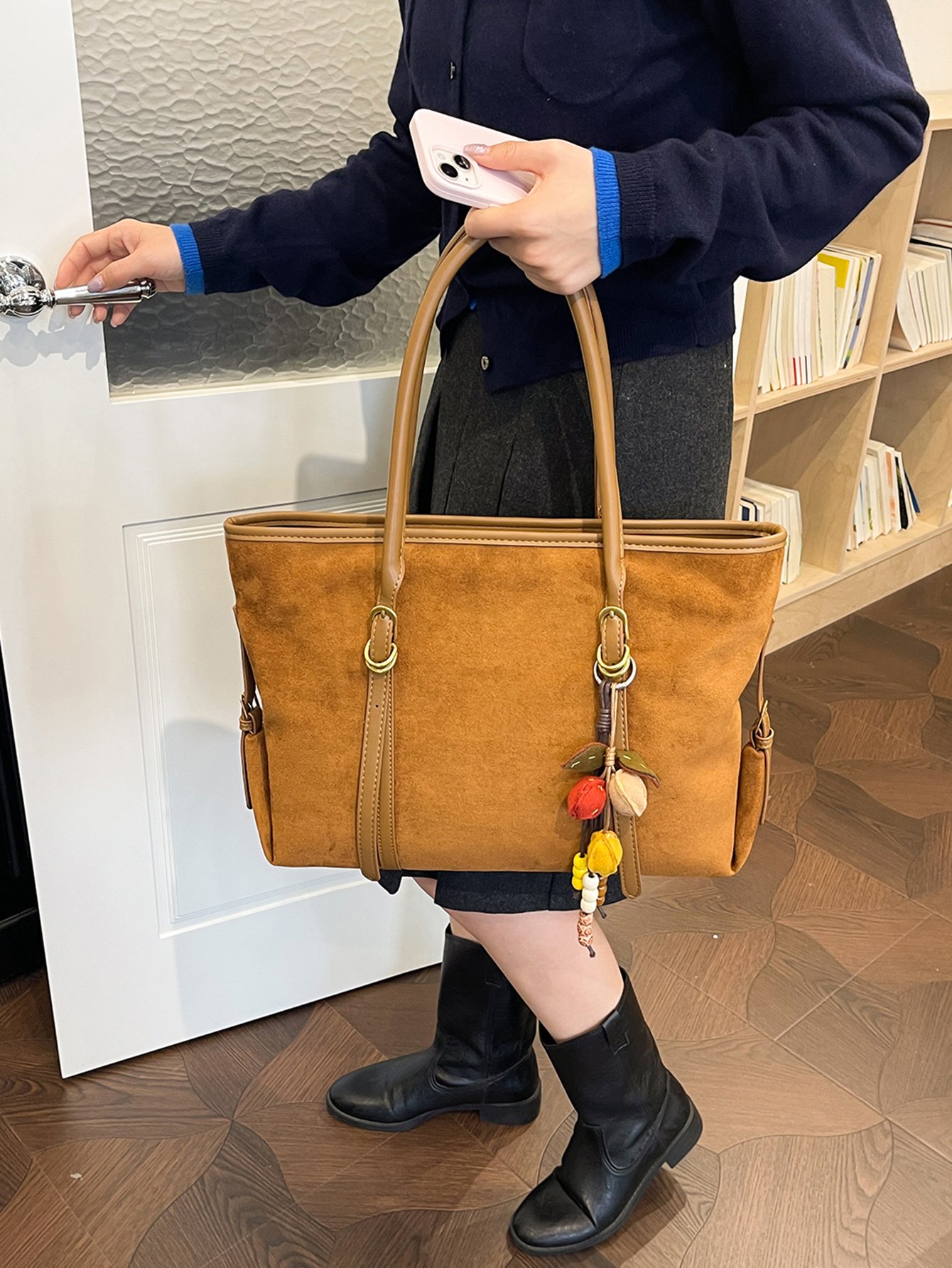Brown Suede Look Shoulder Bag with Charm