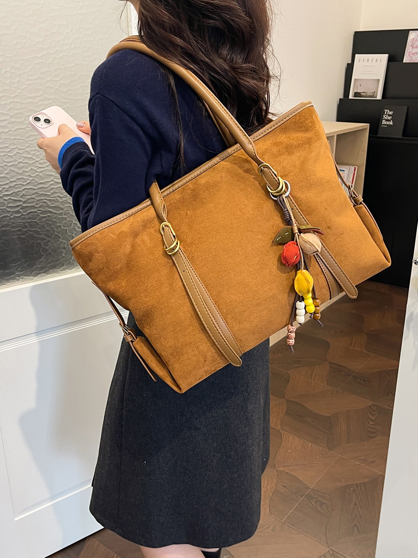 Brown Suede Look Shoulder Bag with Charm