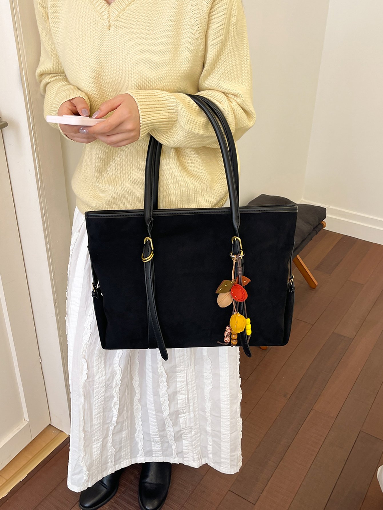 Black Suede Look Shoulder Bag with Charm