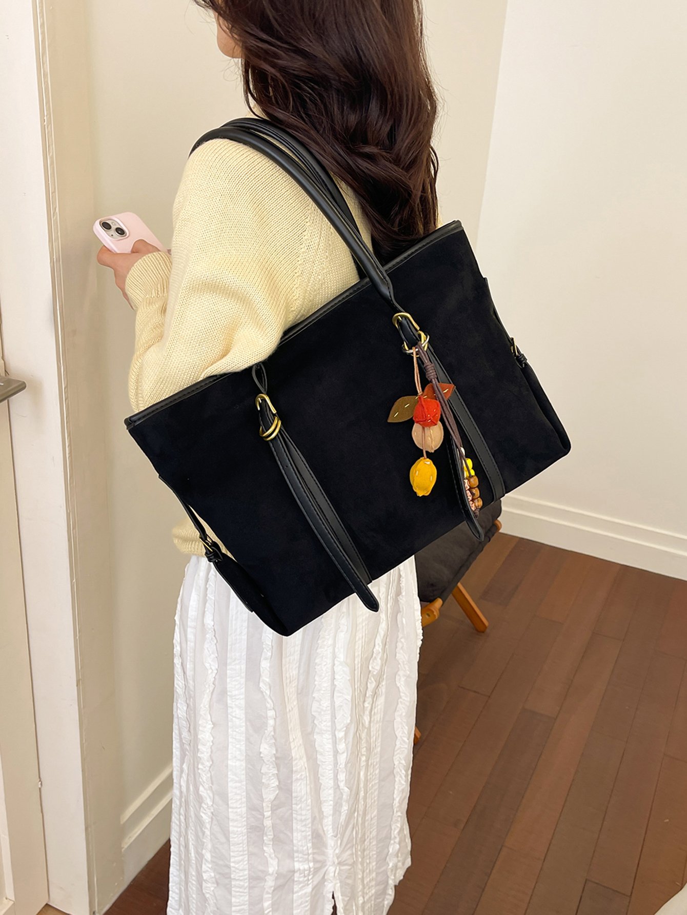 Black Suede Look Shoulder Bag with Charm