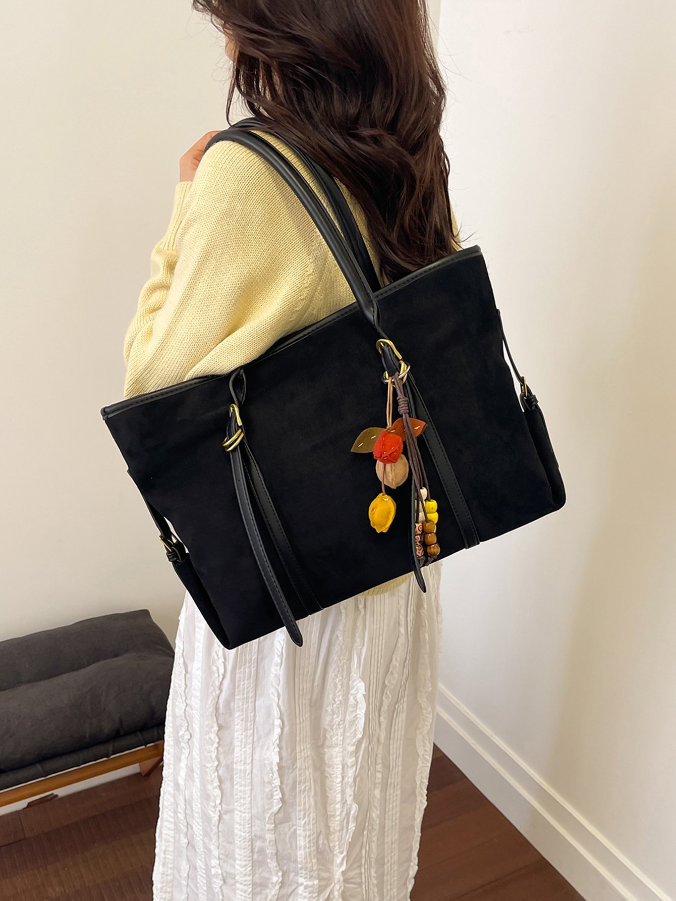 Black Suede Look Shoulder Bag with Charm