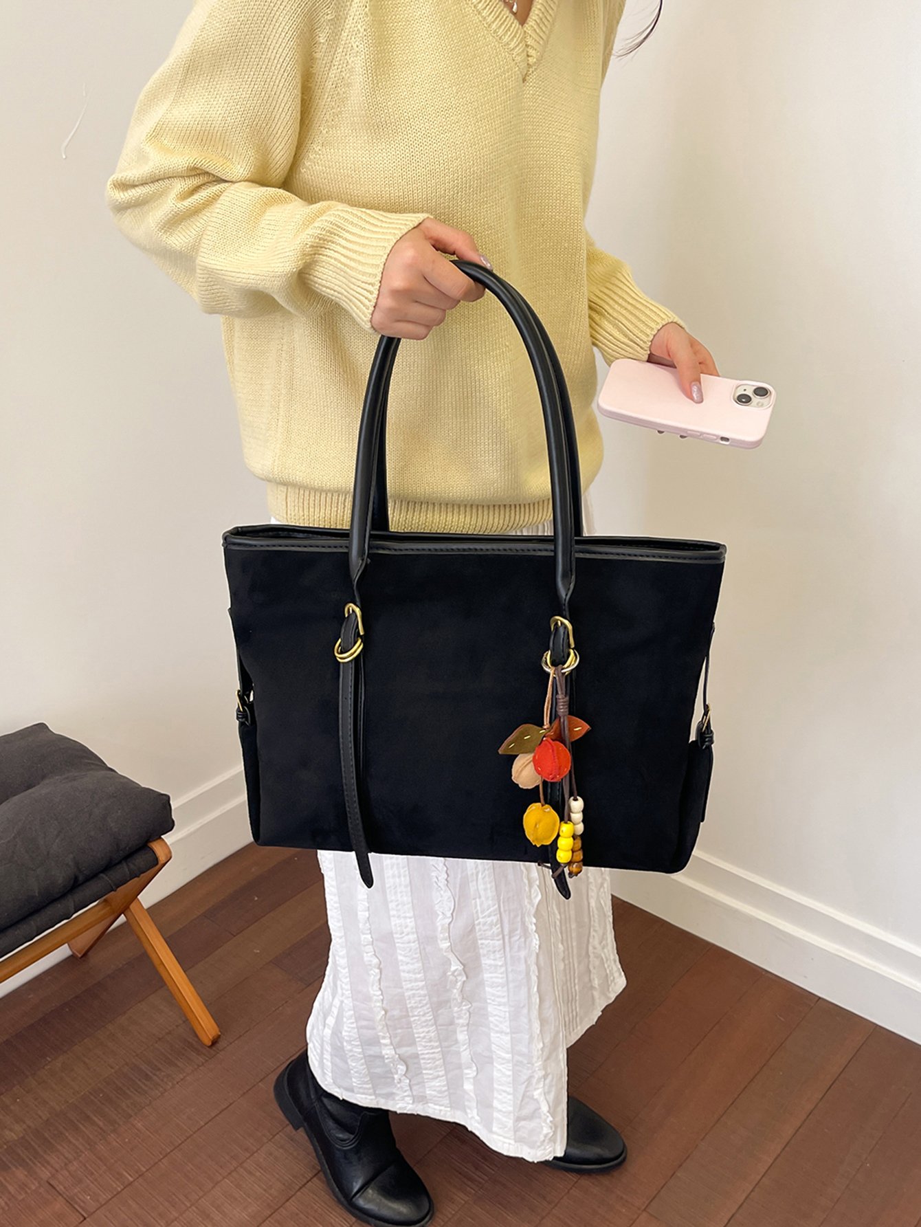 Black Suede Look Shoulder Bag with Charm