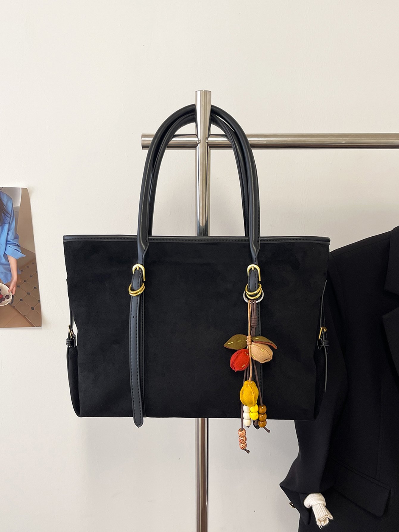 Black Suede Look Shoulder Bag with Charm