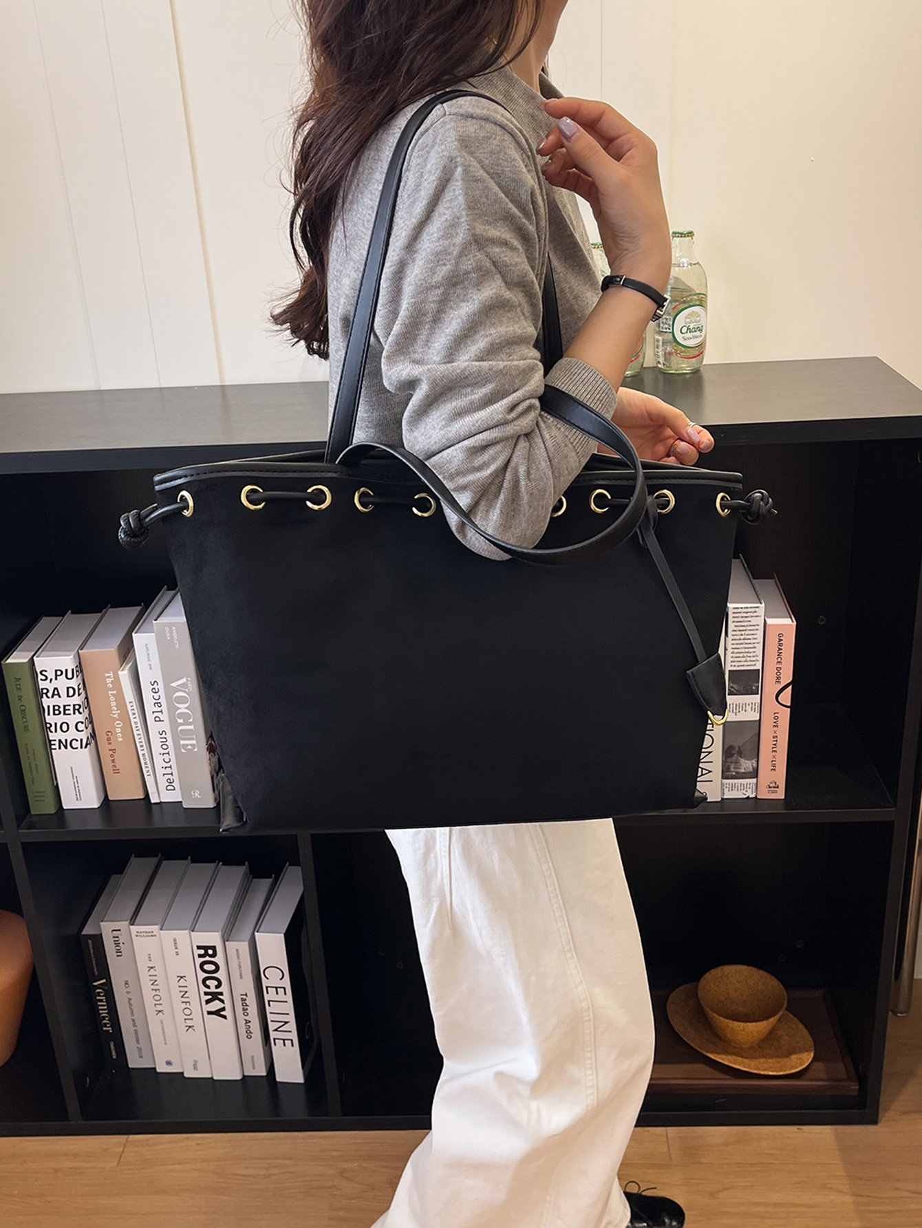 Black Drawstring Shoulder Tote Bag