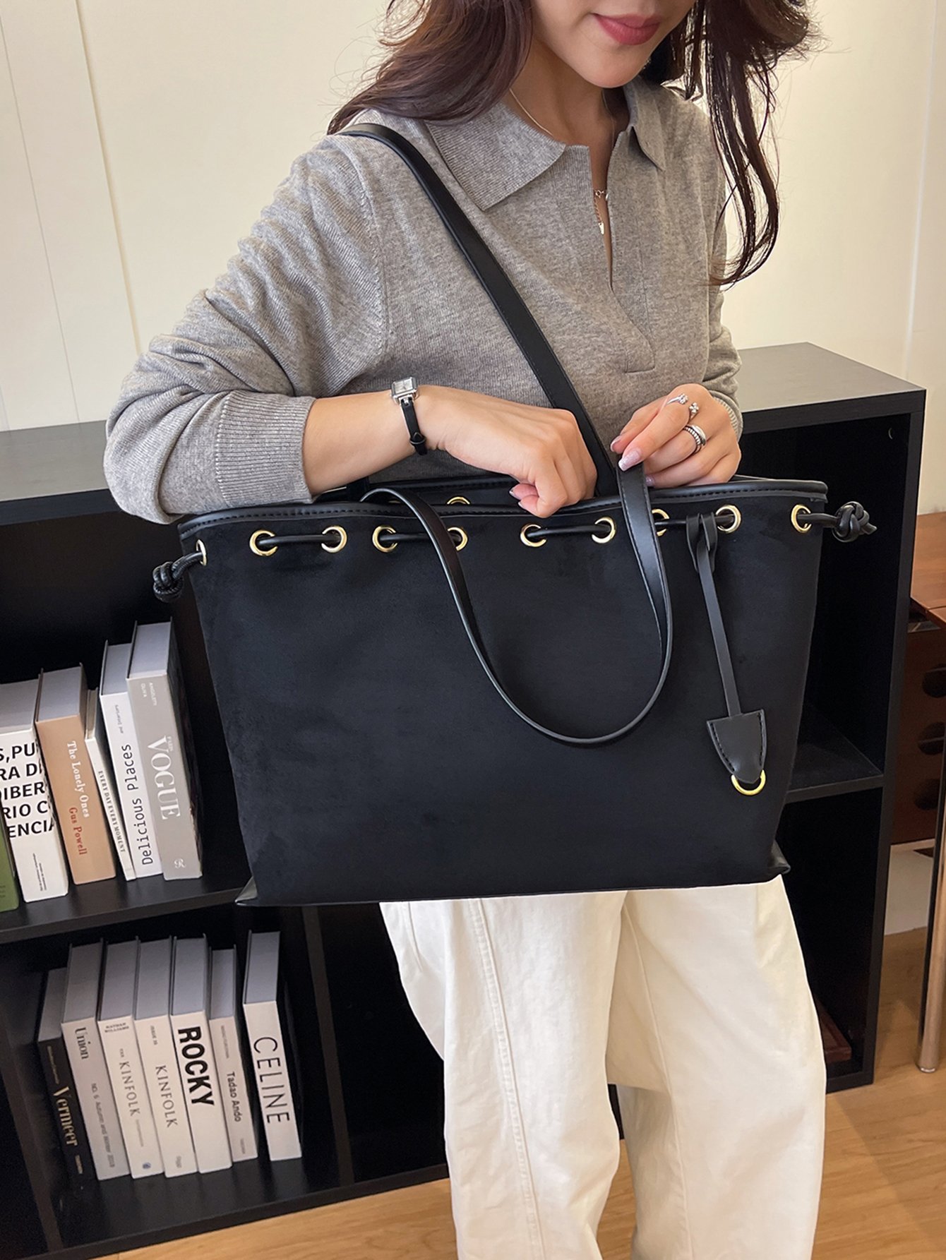 Black Drawstring Shoulder Tote Bag