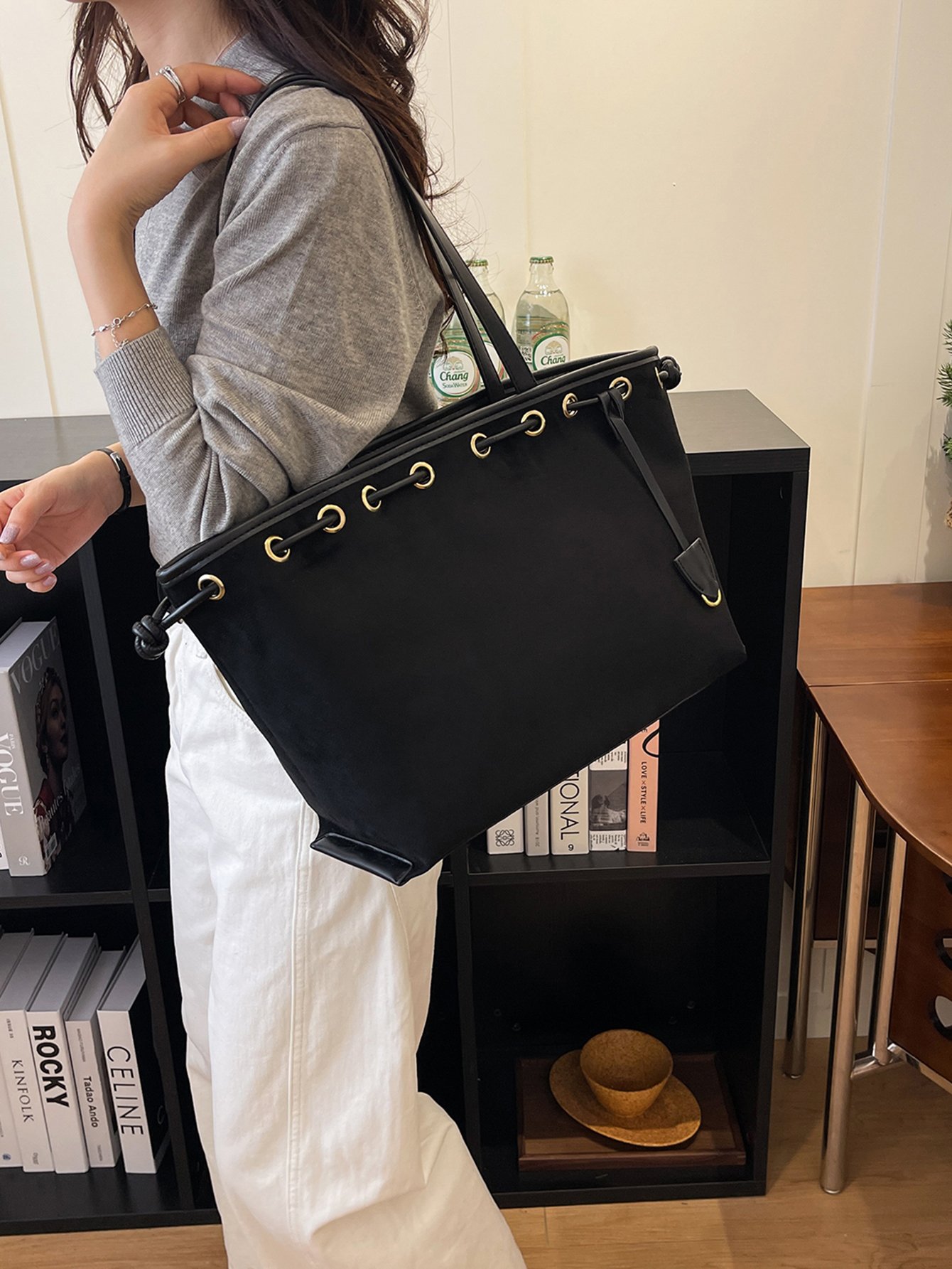 Black Drawstring Shoulder Tote Bag