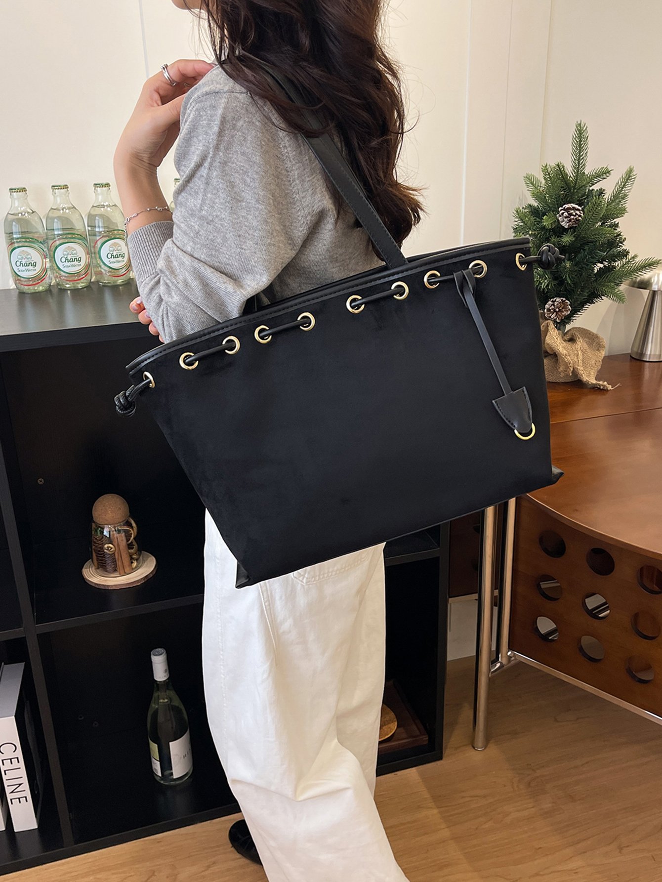 Black Drawstring Shoulder Tote Bag