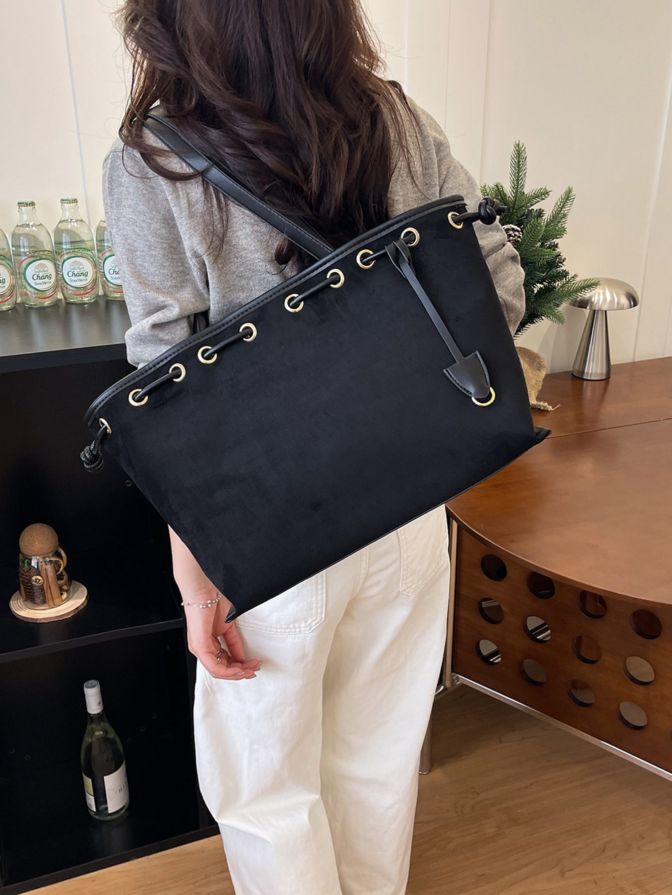 Black Drawstring Shoulder Tote Bag