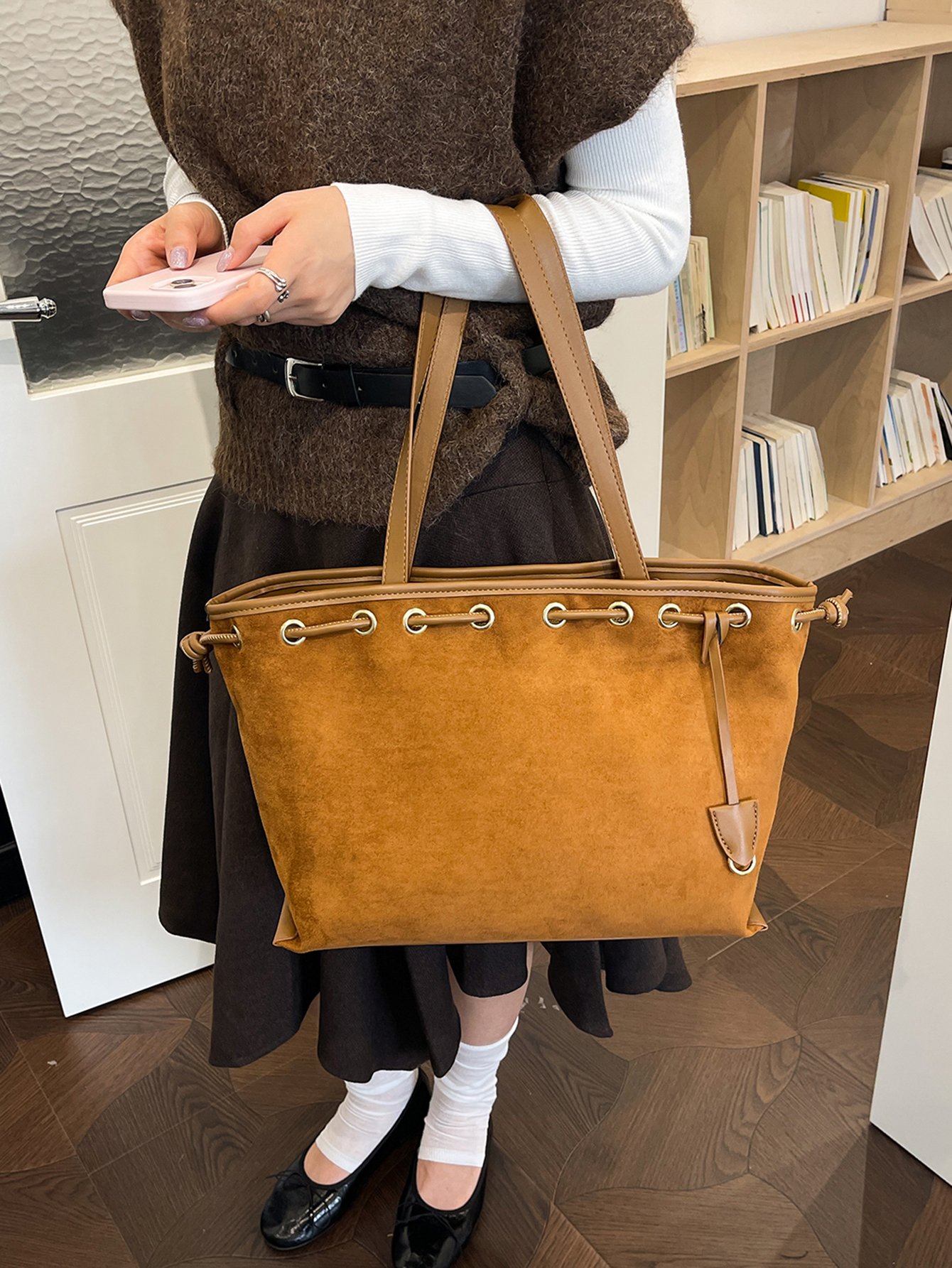 Brown Suede Look Drawstring Shoulder Bag