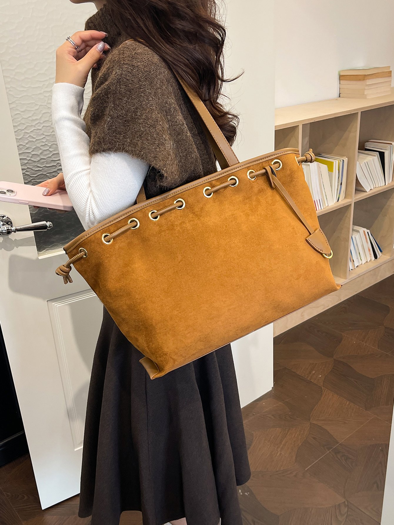 Brown Suede Look Drawstring Shoulder Bag