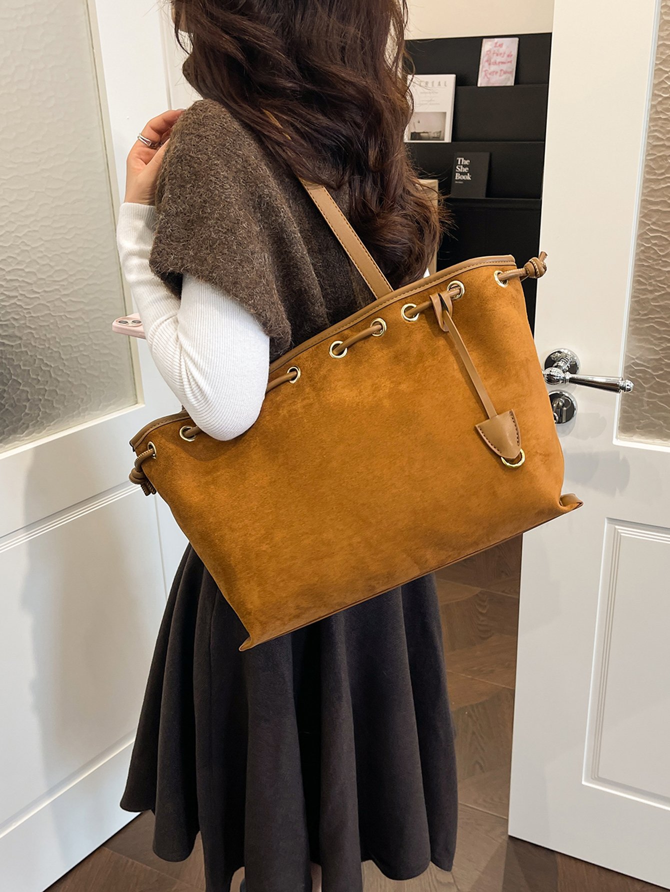 Brown Suede Look Drawstring Shoulder Bag