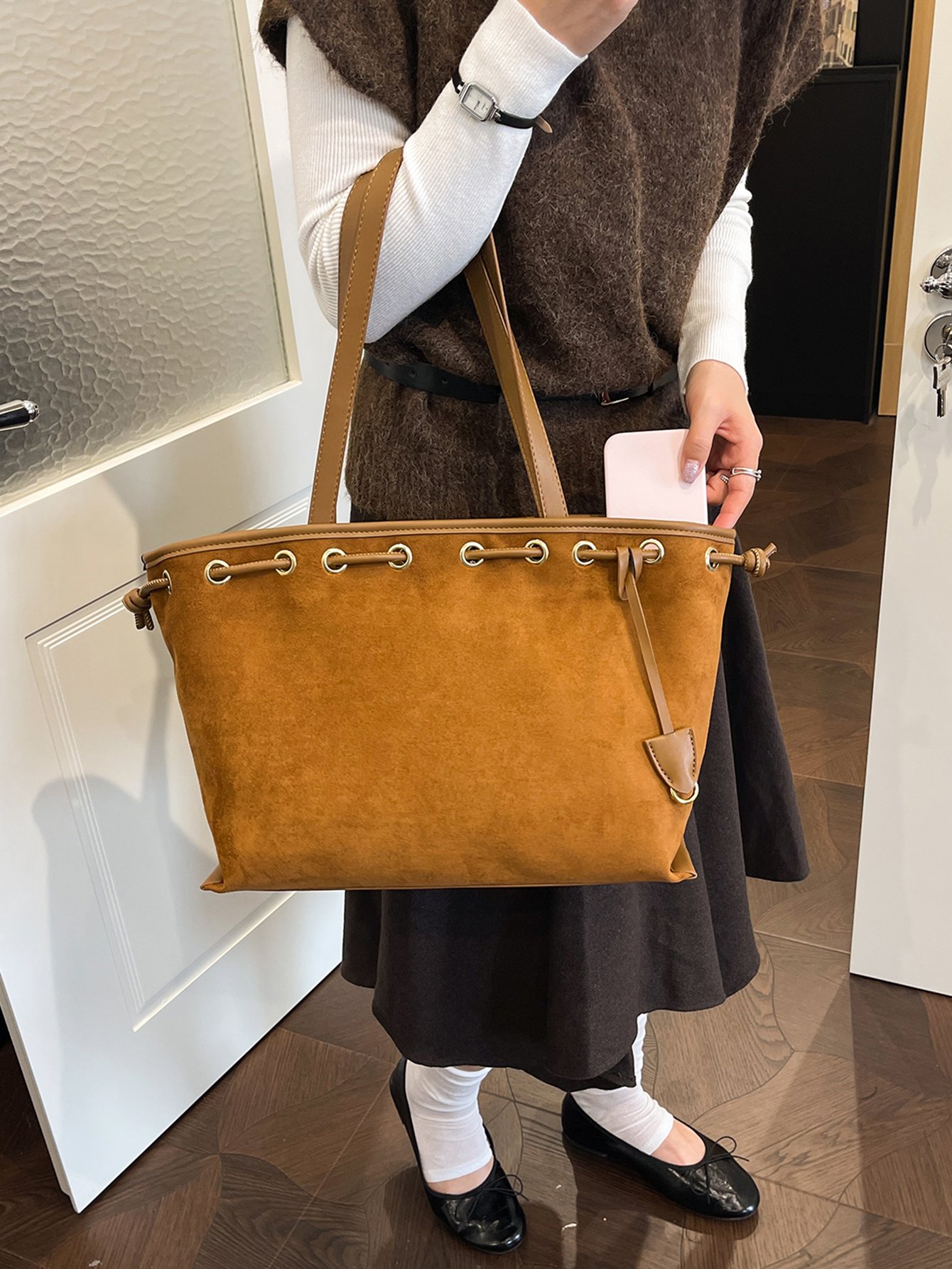 Brown Suede Look Drawstring Shoulder Bag