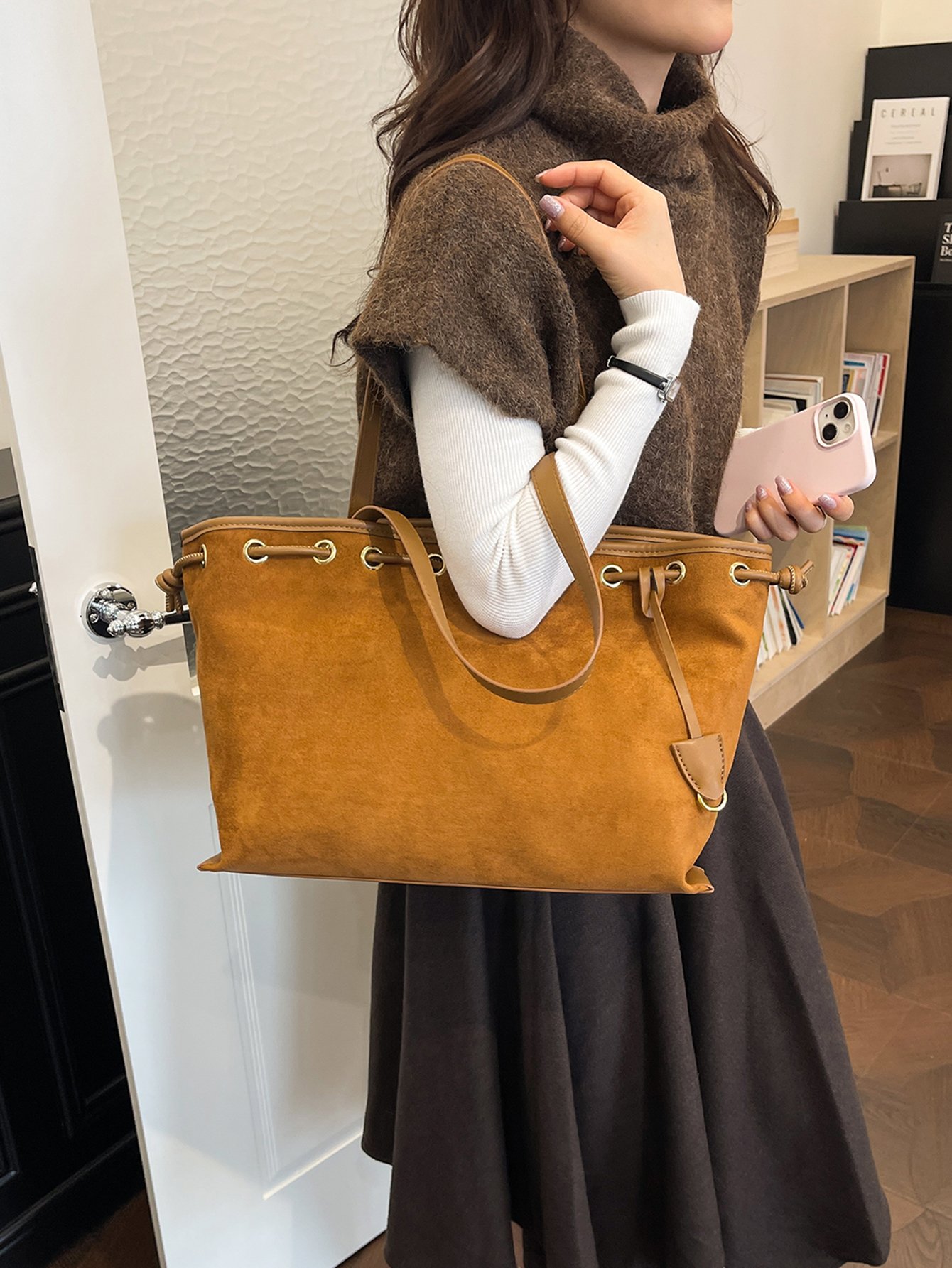 Brown Suede Look Drawstring Shoulder Bag