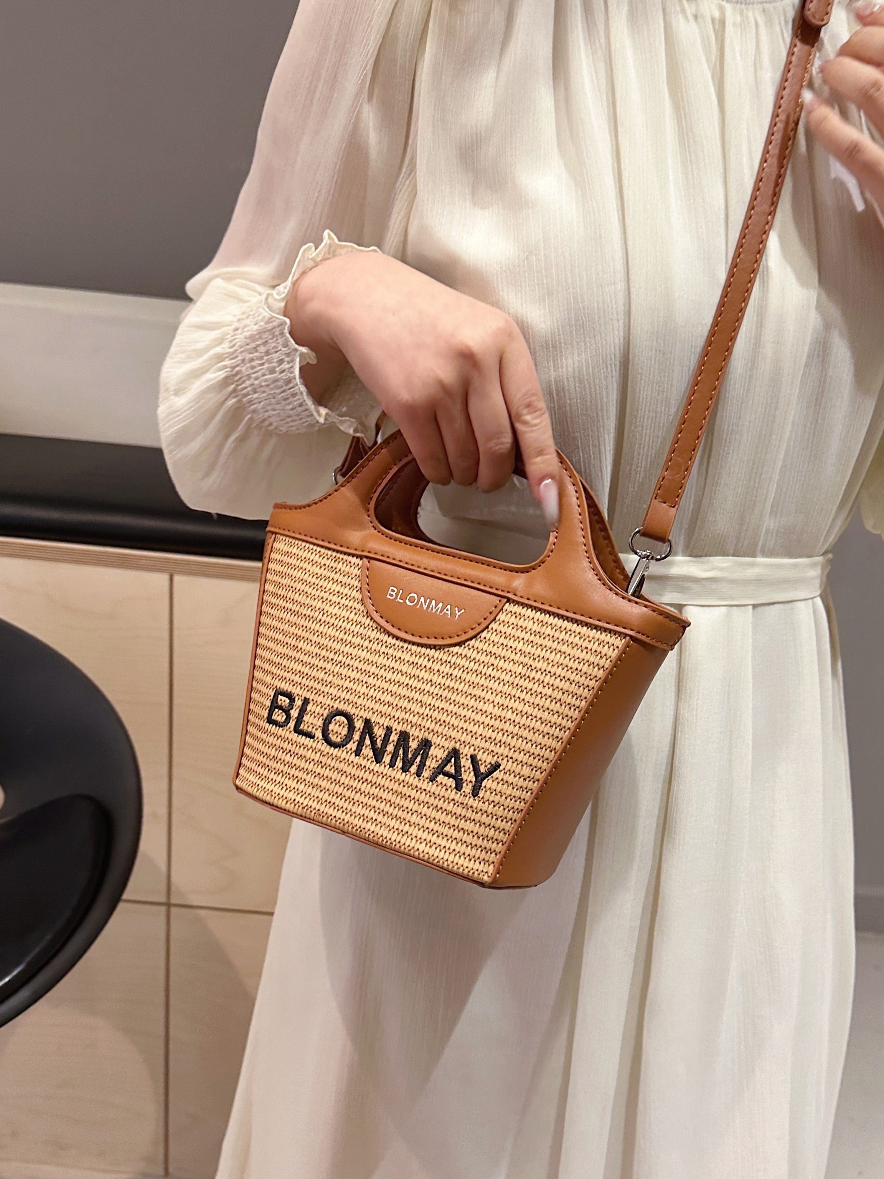 Brown Woven Tote Crossbody Bag