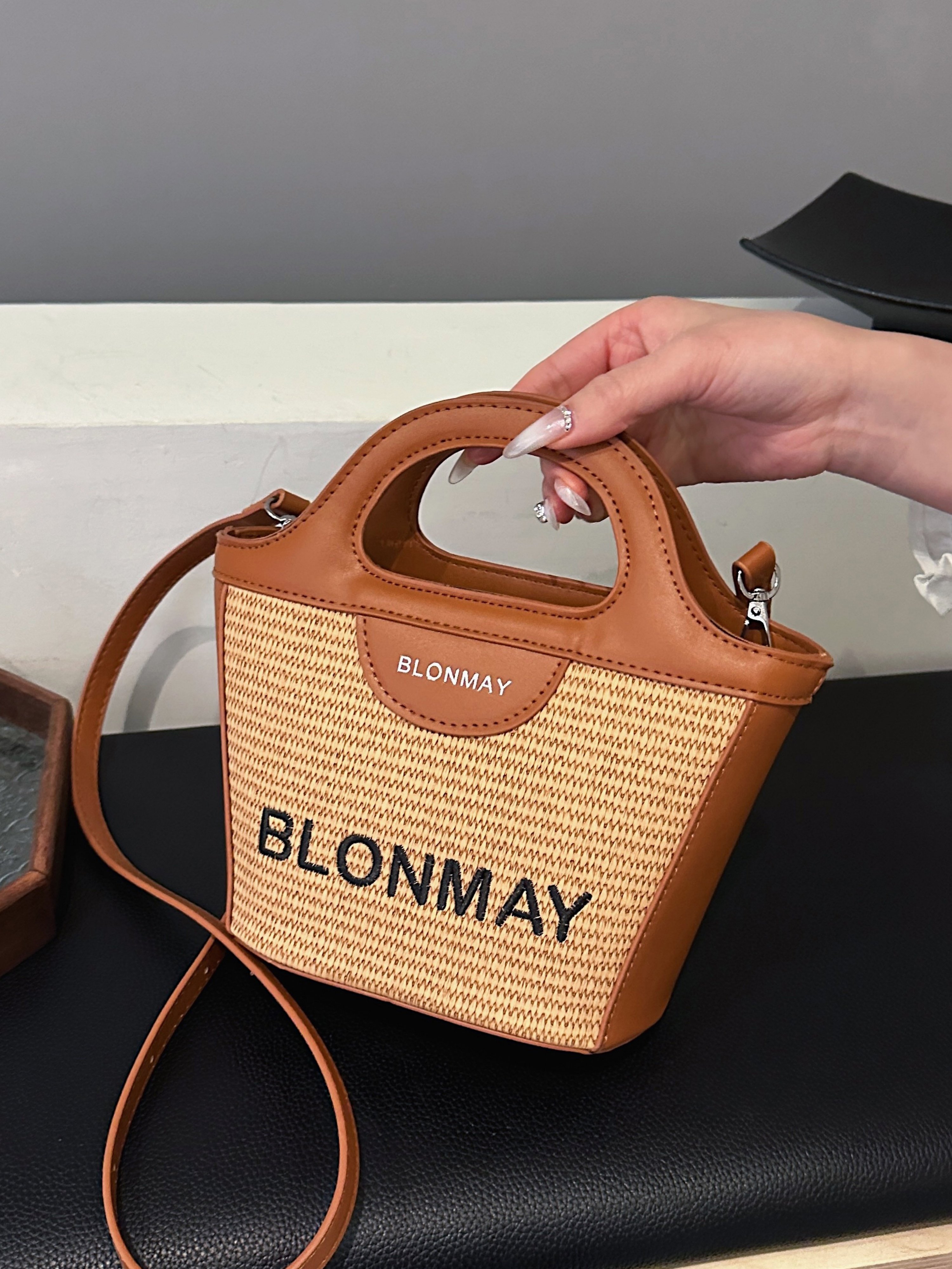 Brown Woven Tote Crossbody Bag