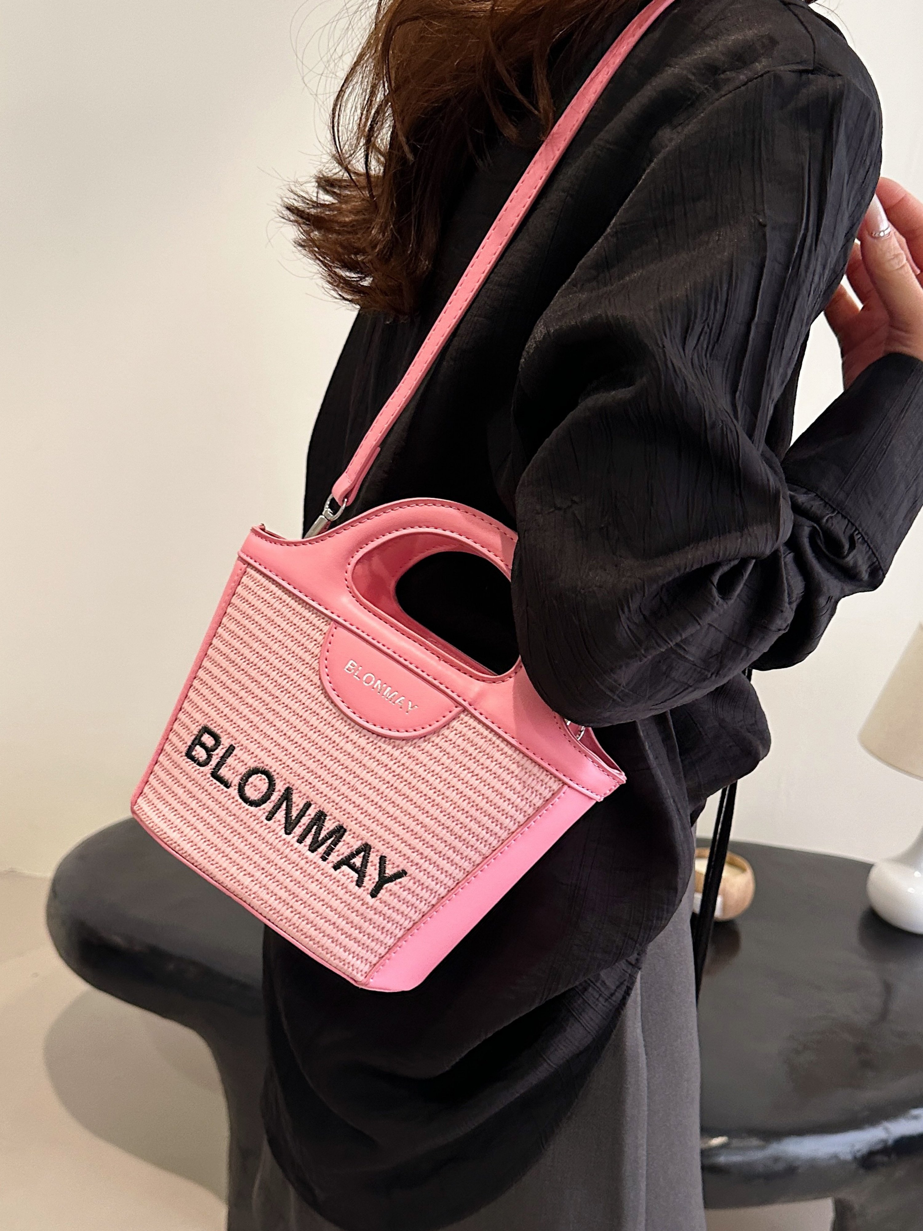 Pink Woven Tote Crossbody Bag
