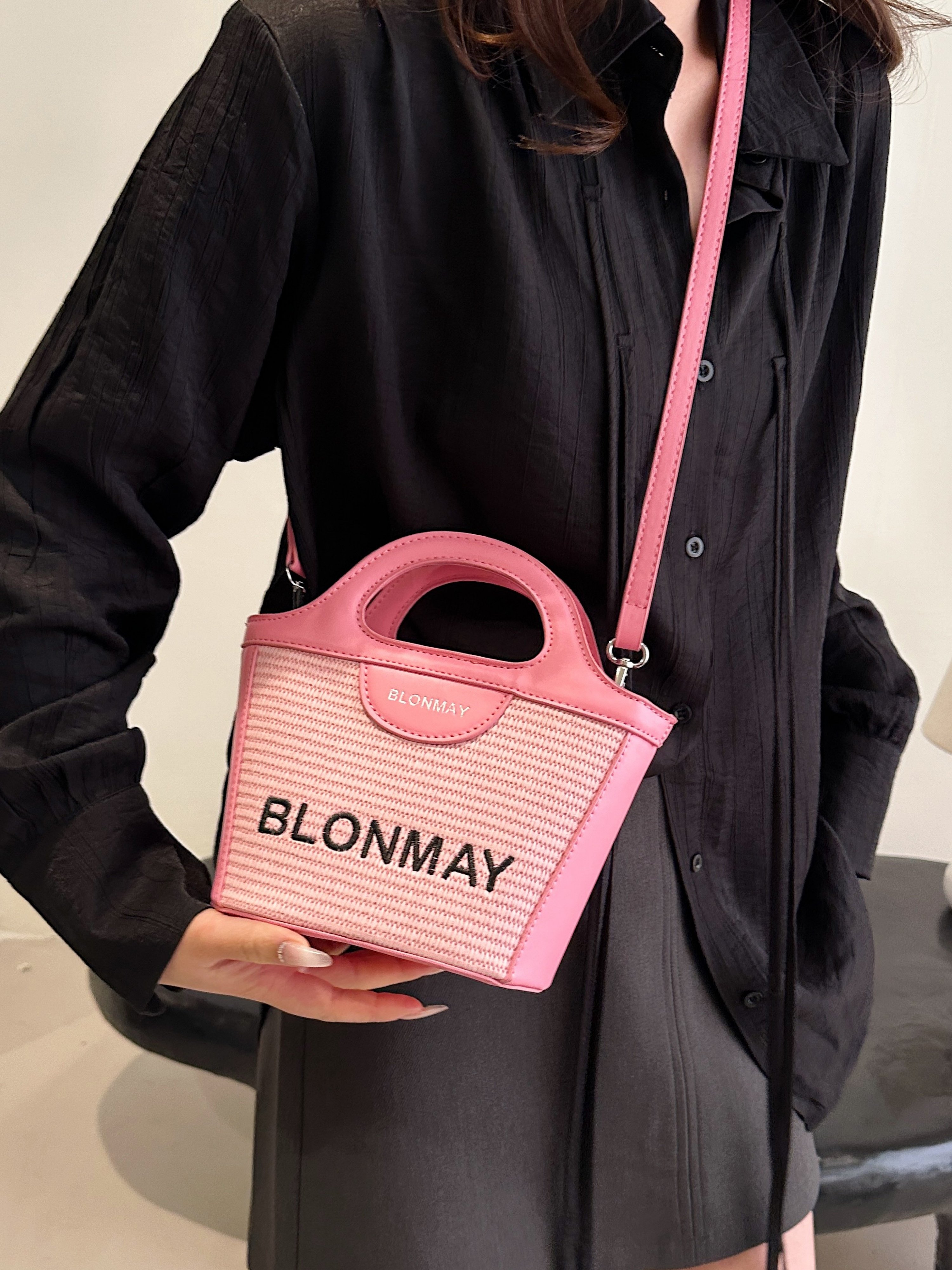 Pink Woven Tote Crossbody Bag